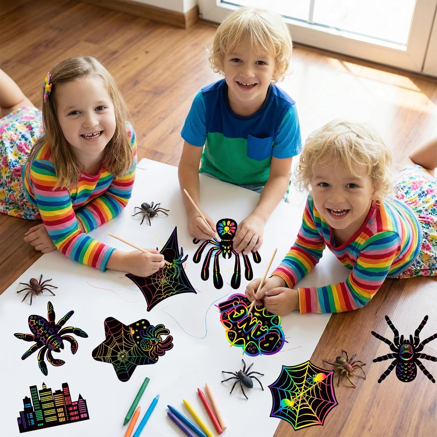 MOORIIY 80 Pcs Spider Scratch Cards Hero Birthday Party Decorations Colorful Rainbow Scratch Paper Art with Wooden Stylus for Birthday Party Classroom DIY Activities
