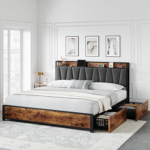 Miniatura 8 de IDEALHOUSE Base de cama de tamaño matrimonial con cabecera tapizada de lino de almacenamiento, plataforma de 4 cajones con estación de carga, no