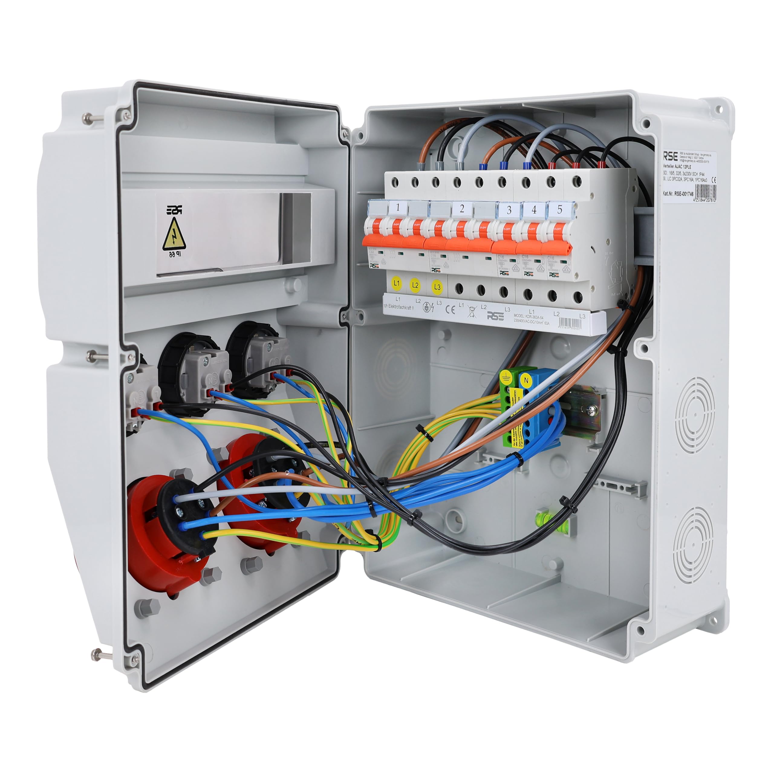 Distribuidor de corriente de construcción distribuidor de pared completamente cableado 32A 16A 230V con toma CEE contador IP65, 12. 1x32A 1x16A 3x230 con LS