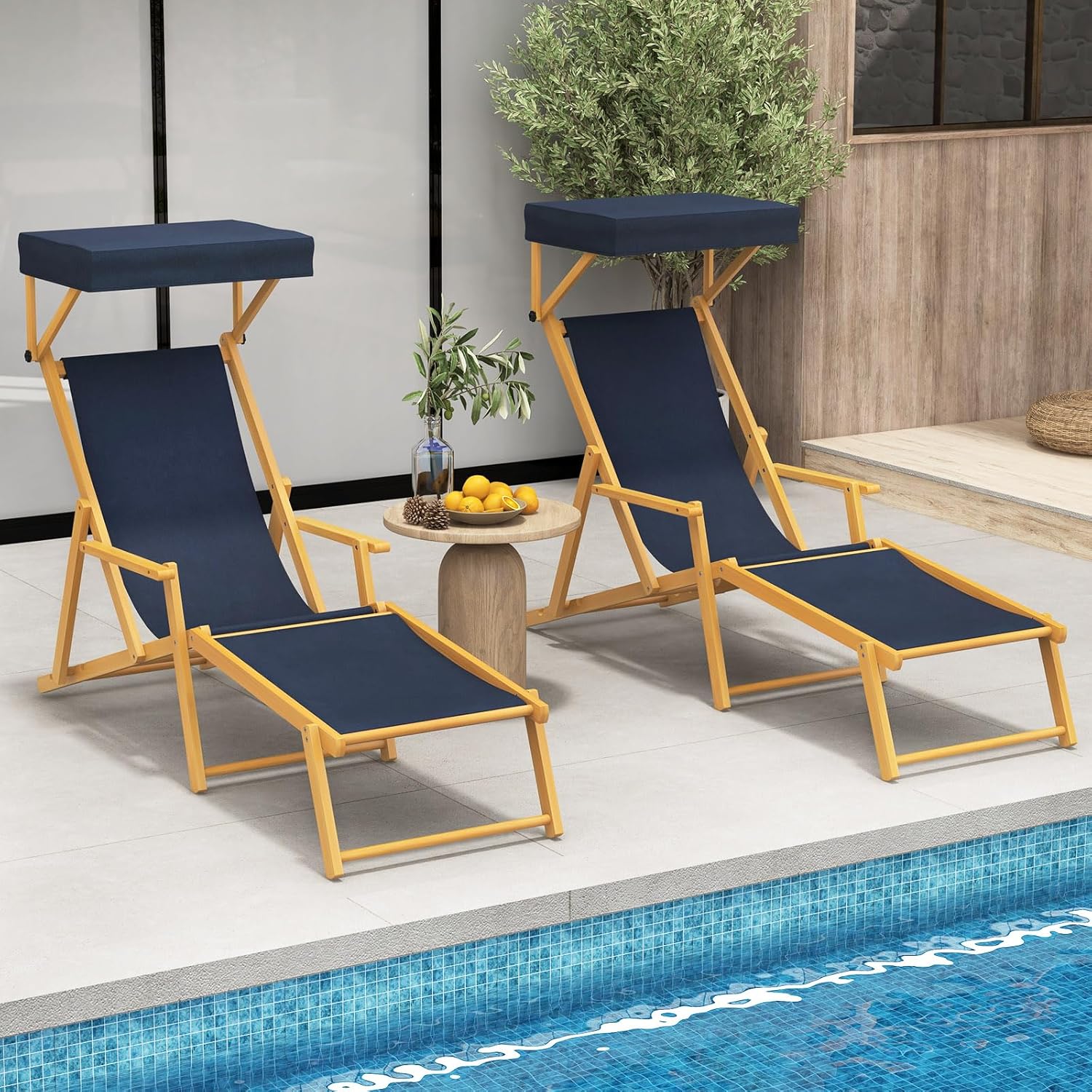 Giantex Lounge Chair Outdoor, Foldable Beach Chaise Lounge with Adjustable Canopy, Replacement Fabric, Wood Frame, Reclining Backrest & Footrest, Camping Chair for Patio, Poolside, Beach (2, Navy)