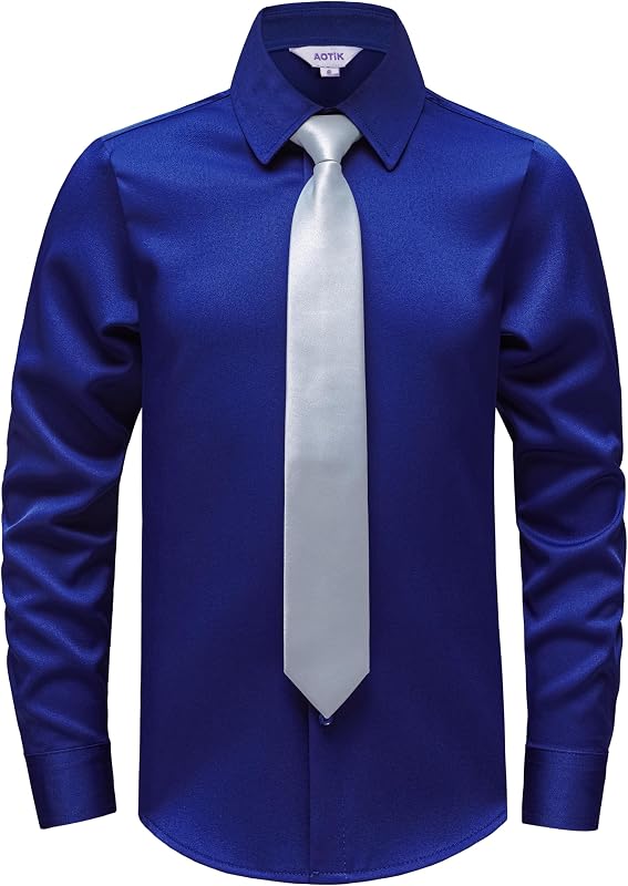 Boys Dress Shirt and Tie Set Stretch Long Sleeve Button Down Shirts
