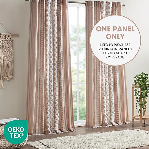 Miniatura 6 de INK+IVY - 1 Cortina Imani 100 % algodón con rayas de felpilla copetuda, estampado geométrico, aspecto medio siglo, bolsillo de barra, para sala,