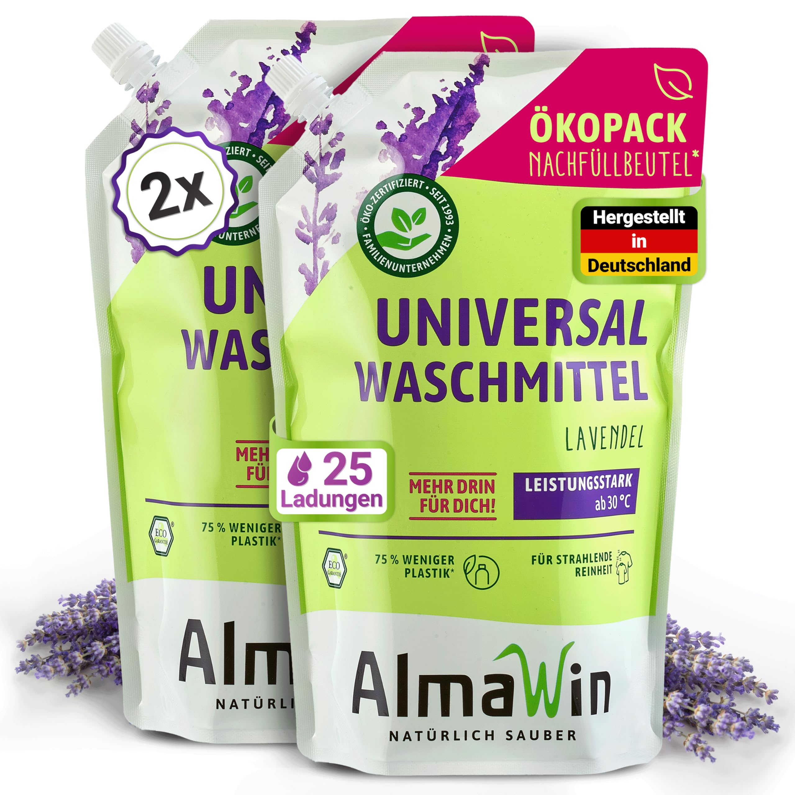 AlmaWin® Universal Waschmittel Flüssig [2x 1,5L - 50 Ladungen] mit Lavendelduft - Flüssigwaschmittel sauber ab 30°C - Waschmittel für Weißes & Buntes im Öko-Pack Nachfüllbeutel - Öko & VEGAN