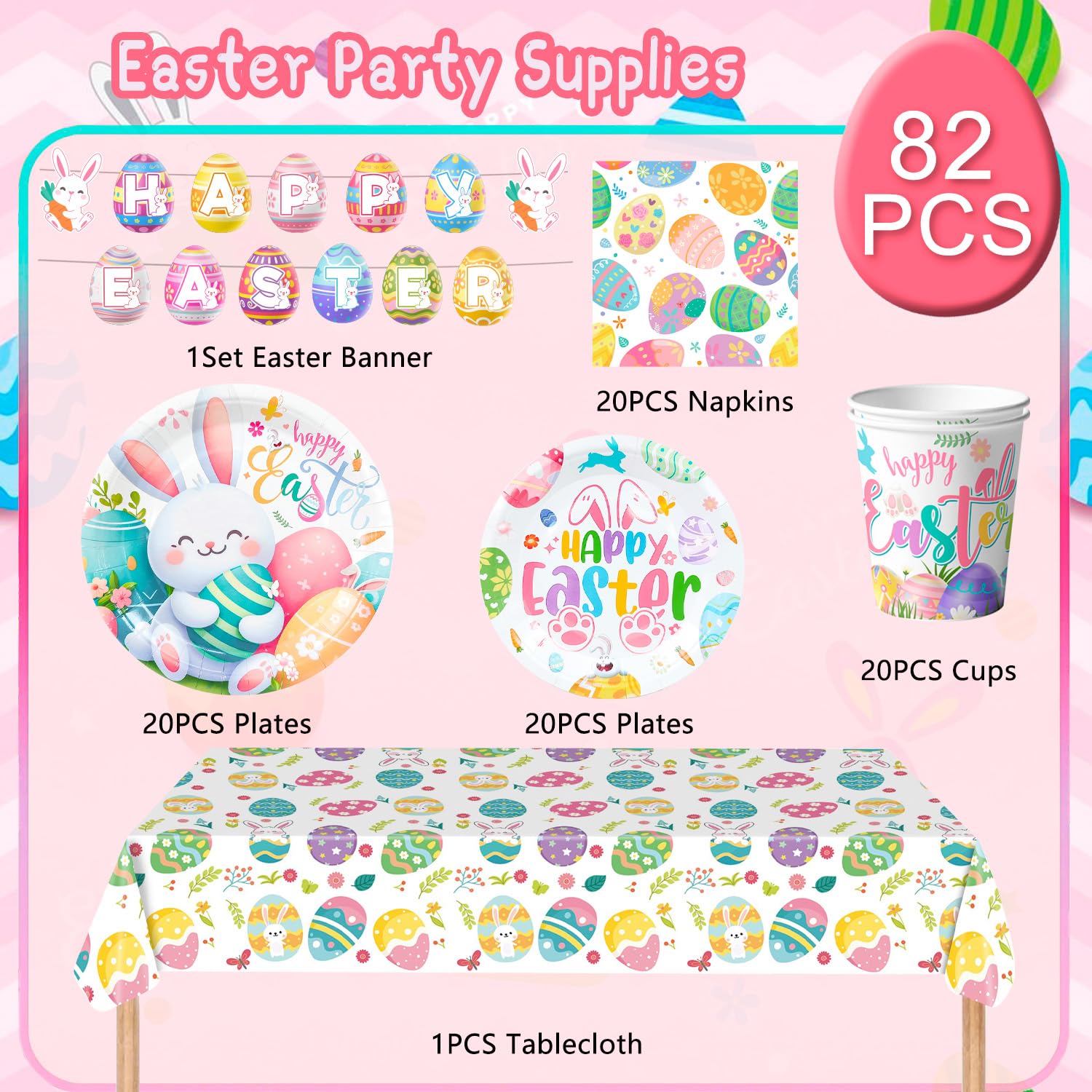 Easter Party Tableware Set For 20 Guests - Plates, Cups, Napkins, Tablecloth & Banner - Bunny Birthday Decor