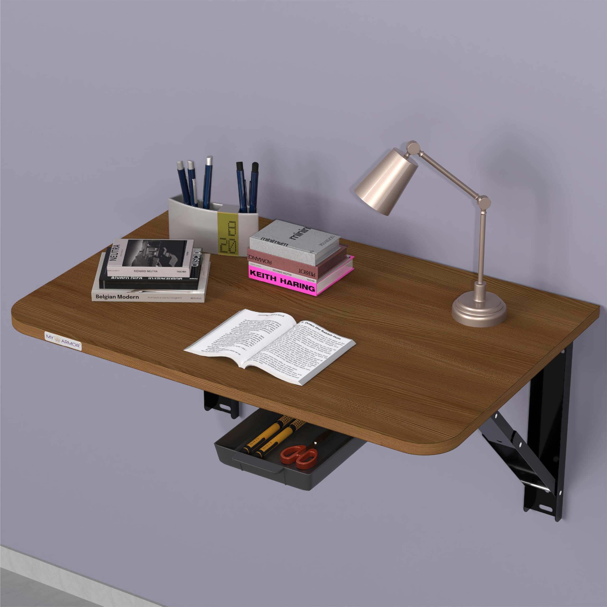 MYARMOR Wall Mount Table Foldable | Wooden Folding Wall Study Table with Drawer | Space Saving Laptop Desk for Home & Office | Wall Mounted Foldable Table | Walnut Dark | 24 x 16 Inches