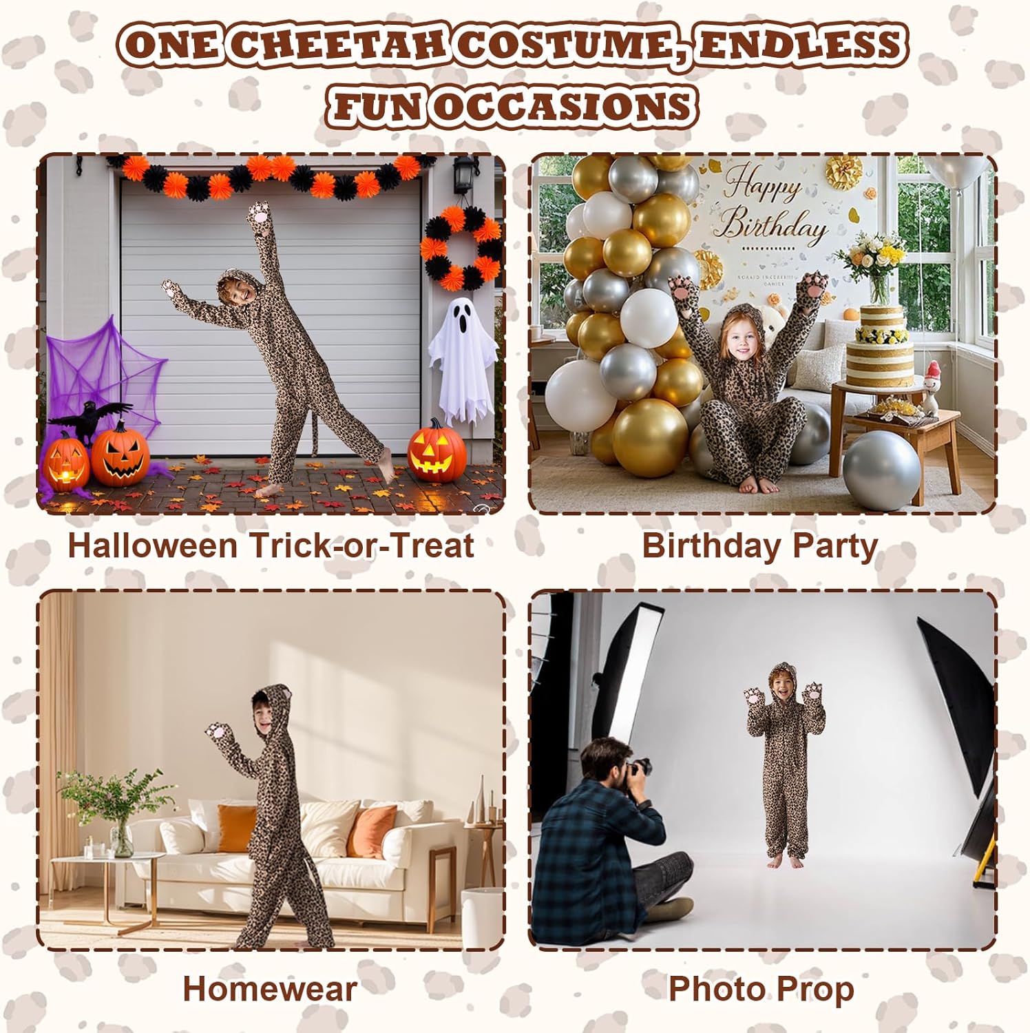 Cheetah Costume Kids - Unisex One Piece Costume Boys Halloween Costumes for Girls- Animal Onesie Kids Halloween Pajamas 4-10Y - Image 4