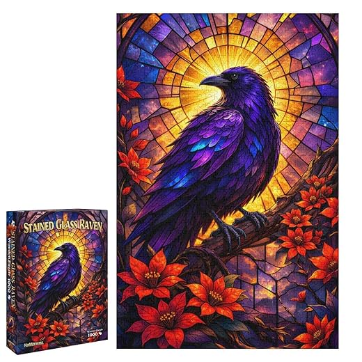 Crow Wooden Puzzle 1000 Pieces, Stained Glass Raven Artwork with Letters on Back, Challenging Jigsaw Puzzles for Adults
