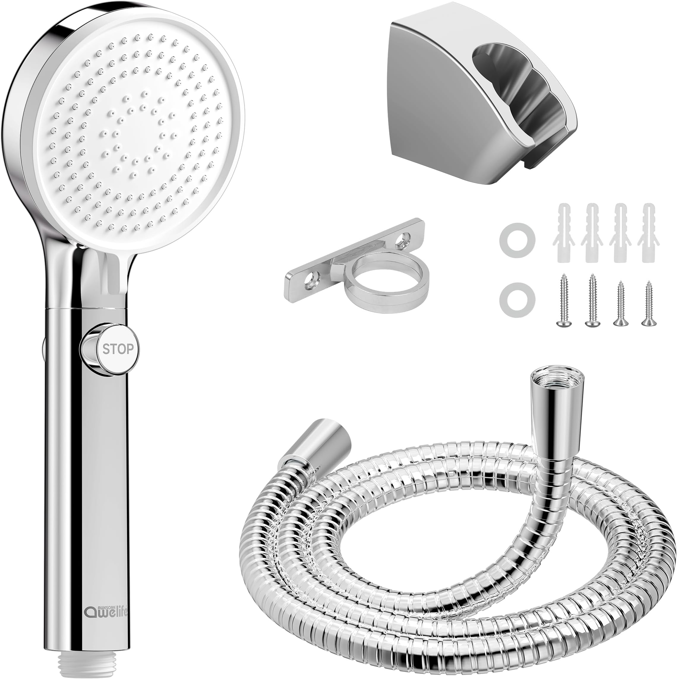 RV Shower Head with Hose and On Off Switch, Camper Water Saving and High Pressure Shower Head with Hose for RV, Camper, Van, Travel Trailer, Motorhome and Boat, White and Chrome Finish