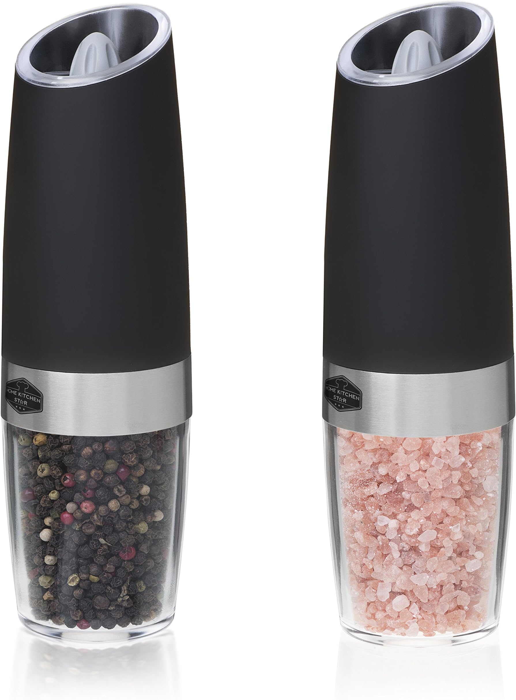 Gravity Electric Salt and Pepper Grinder - Automatic Battery Powered, Adjustable Grind Coarseness, Blue LED Light, Great Mother's Day Gift, Electronic Black Pepper Mill (Set of 2, Black)