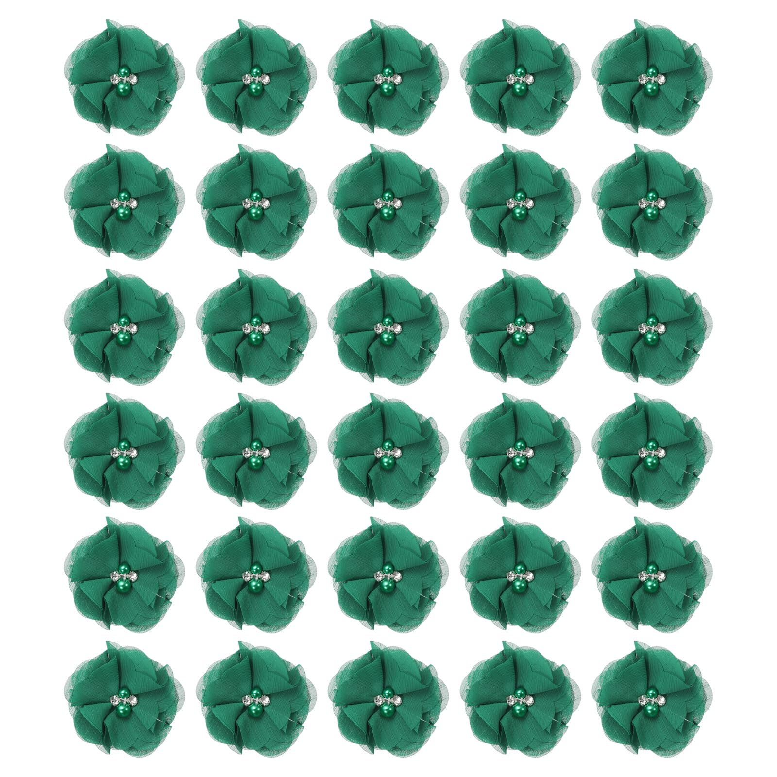 PATIKIL 2 Inch Chiffon Flowers, 30 Pcs Rhinestone Pearl Sewing Fabric Flowers Artificial Appliques Embellishments for Clothing Wedding DIY Craft Headbands Decor, Dark Green