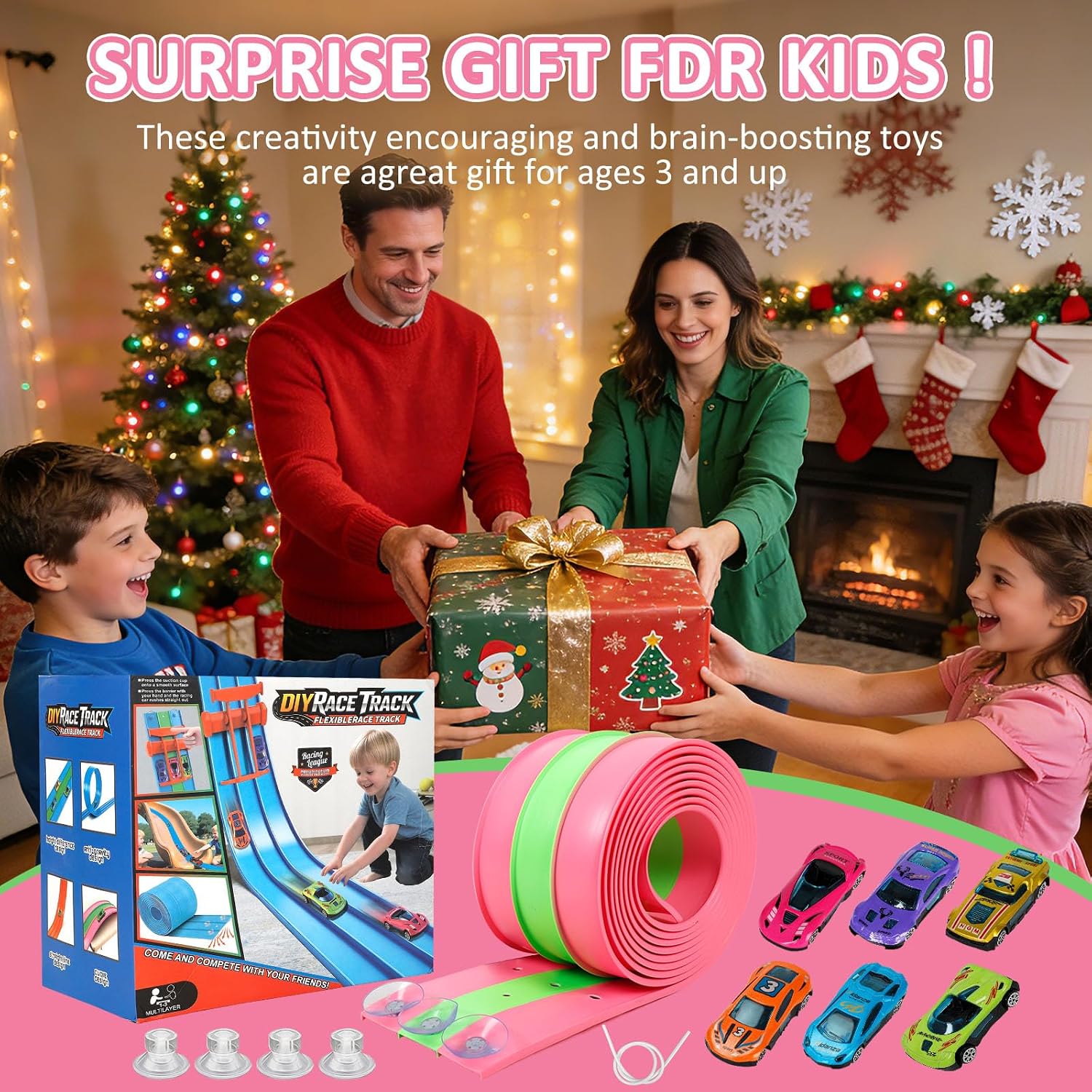 3-Lane Flexible Race Track for Kids, 15ft Race Car Track Compatible with Diecast 1/64 Scale Cars, Portable Roll-Up DIY Flex Track with Strong Suction Cups, Car Ramp Toy Gifts for Girls Ages 3+