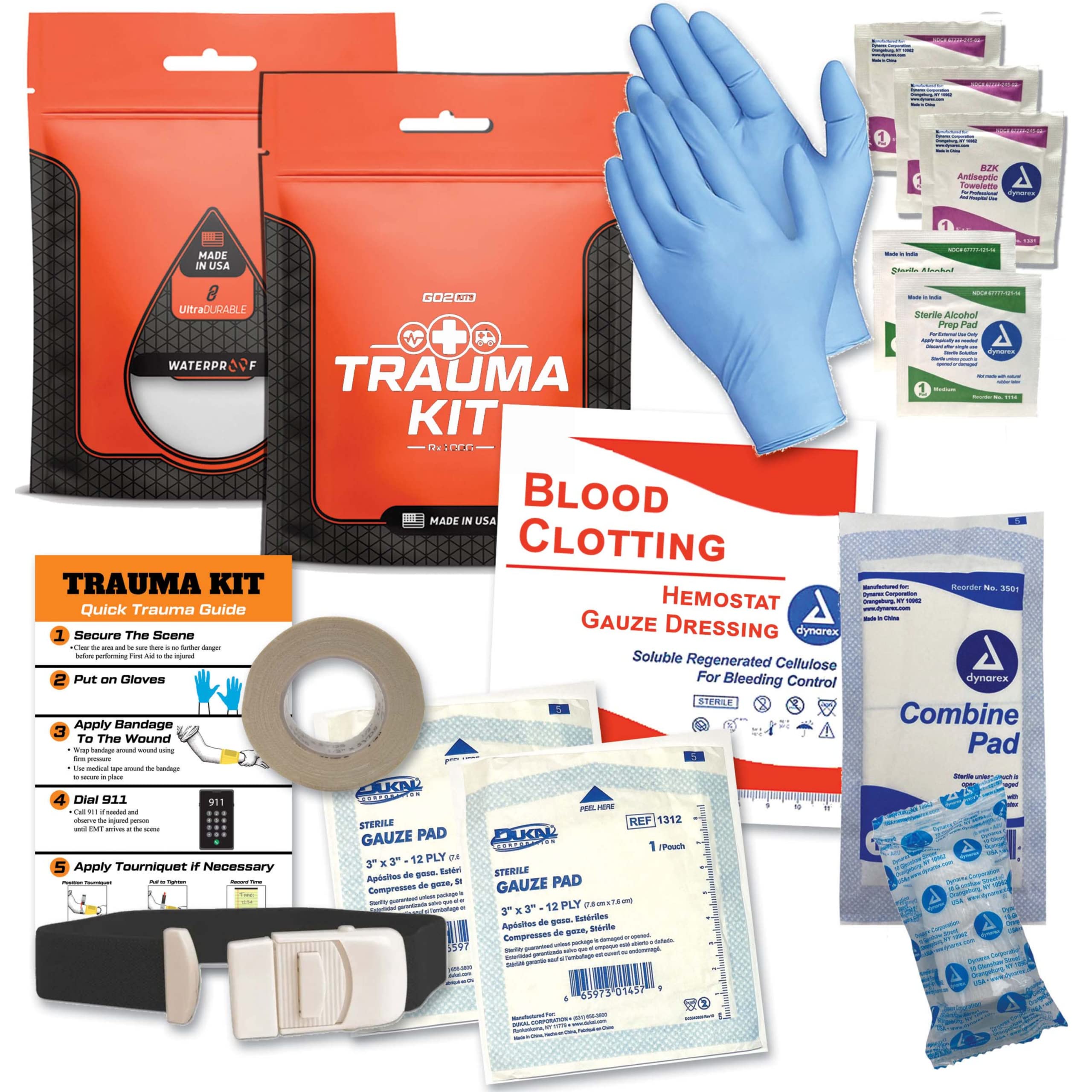 Go2KitsAdvanced Trauma First Aid Kit - Quick-Clot Hemostatic Gauze, Tourniquet, Pads & Gloves in Compact Resealable Pouch