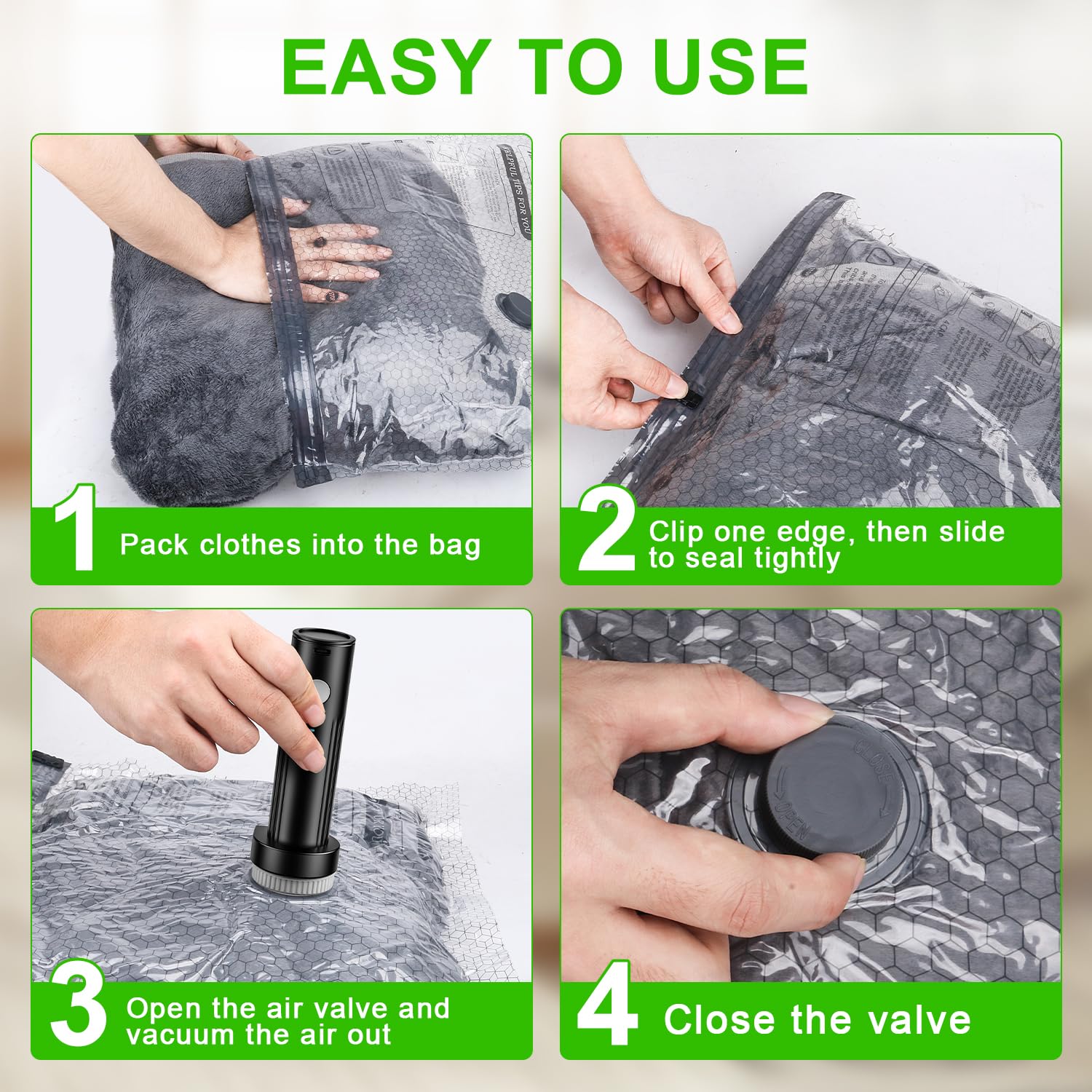 Bolsas de sellado al vacío para ropa con bomba eléctrica inalámbrica, para viajes y uso doméstico, paquete de 9 bolsas de almacenamiento al vacío ideales para ahorrar espacio, bolsas de