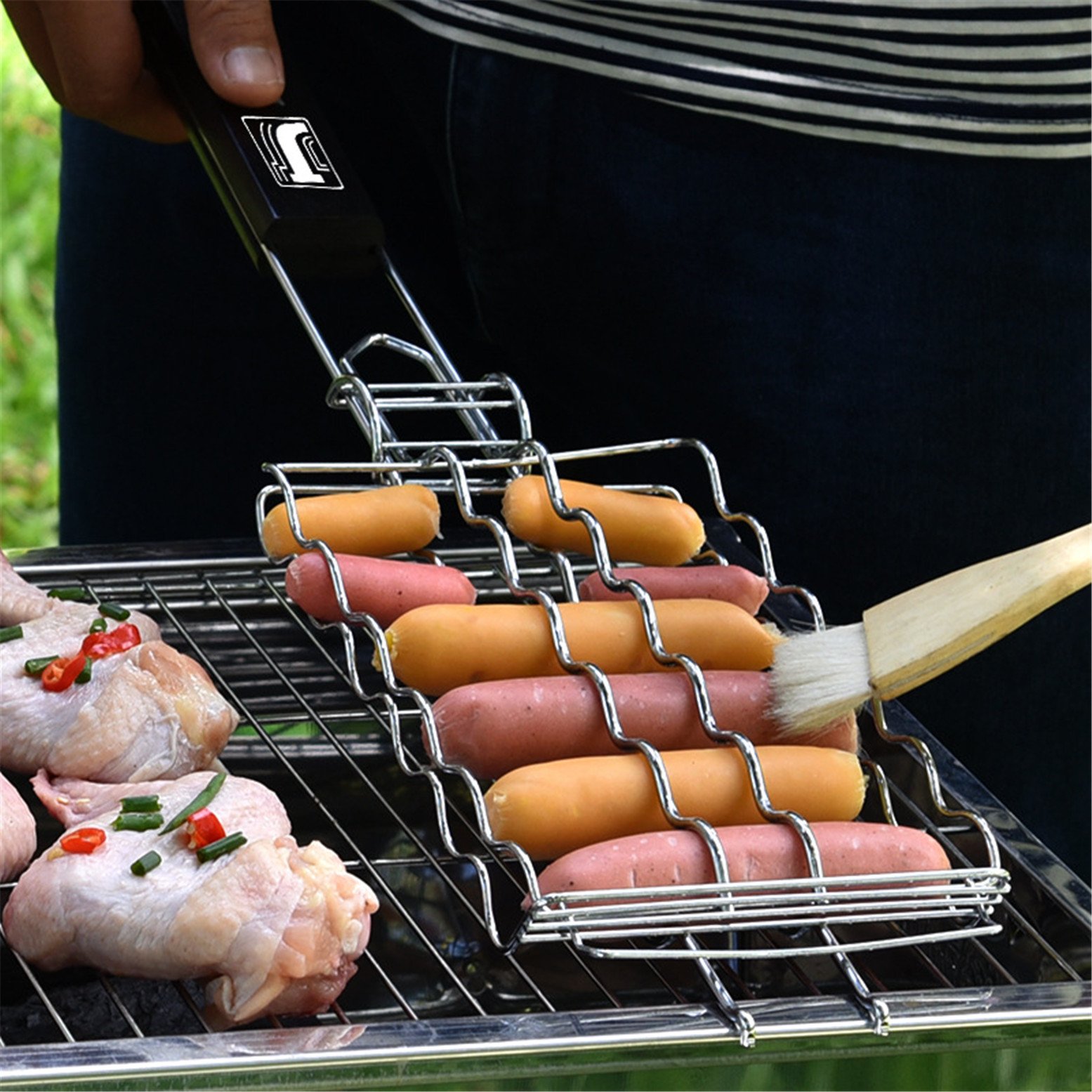 Grill kosz do grillowania ze stali nierdzewnej narzędzie do pieczenia z drewnianym uchwytem