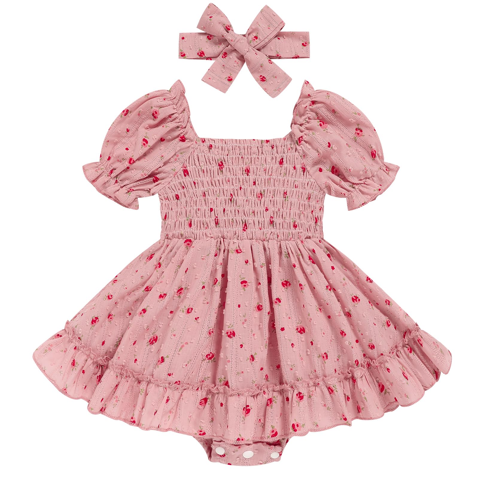 Baby Girl Romper Dress, Puff Sleeve Smocked Outfit with Headband for Infants Soft Cotton Photo Shoot