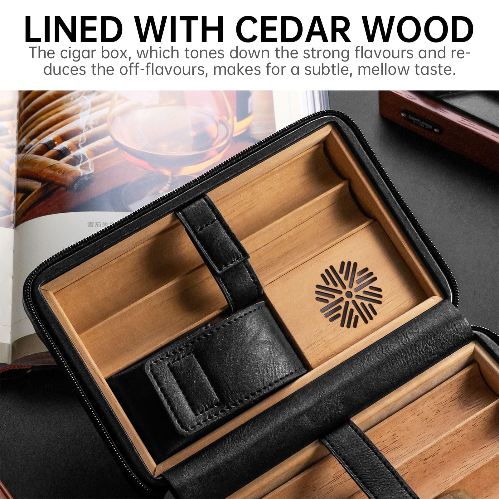 CIGARLOONG Portasigari in pelle portatile con interno in legno di cedro e umidificatore, contiene 6 sigari, ideale per appassionati di sigari (nero)