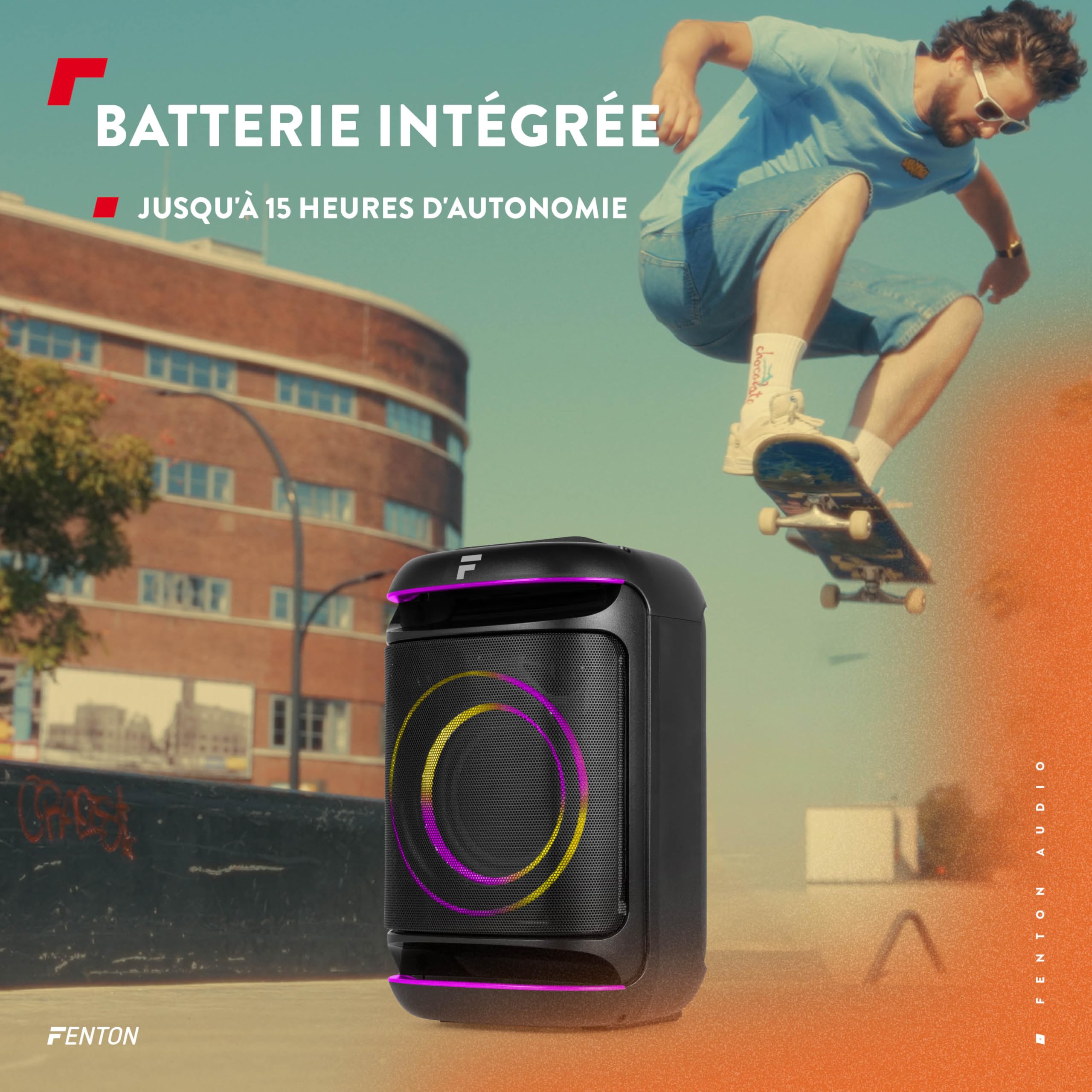 Fenton Track165 Enceinte Portable Bluetooth Lumineuse, 120W, Batterie Longue Autonomie 10H, Facile à Transporter, Enceinte Karaoké, Idéale pour Toutes Vos Soirées