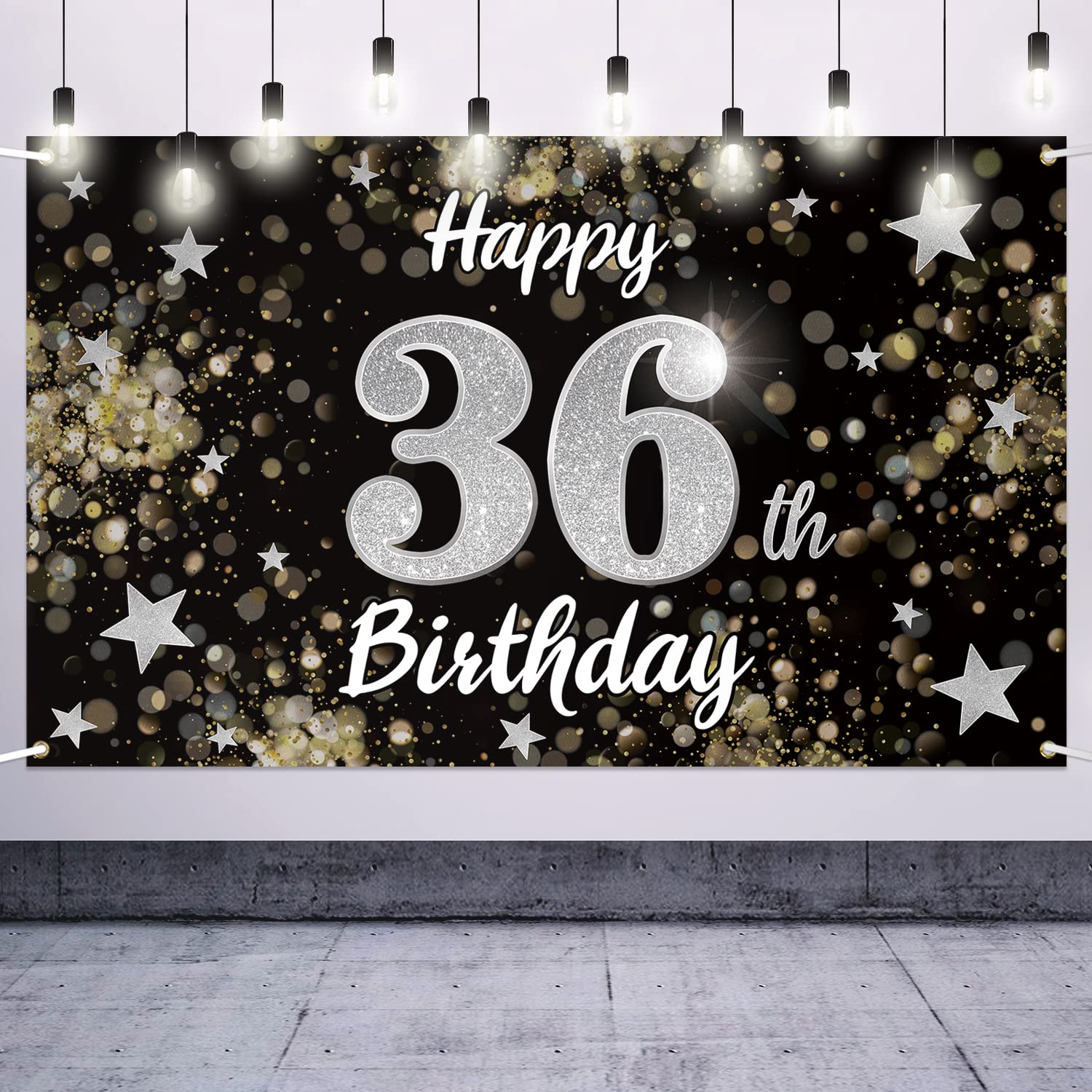 Nelbiirth Happy 36th Birthday Decorations,36th Black & Silver Dream Star Large Birthday Banner Backdrop Sign - Cheers to 36 Years Old Bday Party