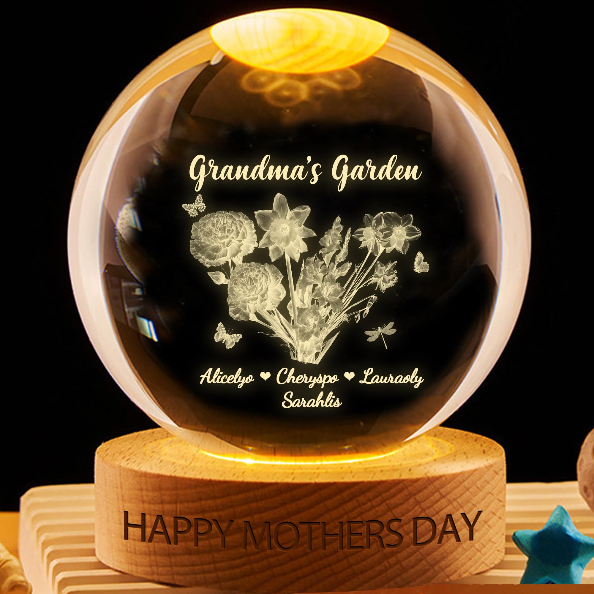 Custom Birth Month Flower Crystal Snow Globe – Personalized Grandma's Garden Names, Light Up LED Globe, 3D Crystal Ball Night Light, Keepsake Gifts for Grandma Mom Family Kids Christmas, Birthday — image 1