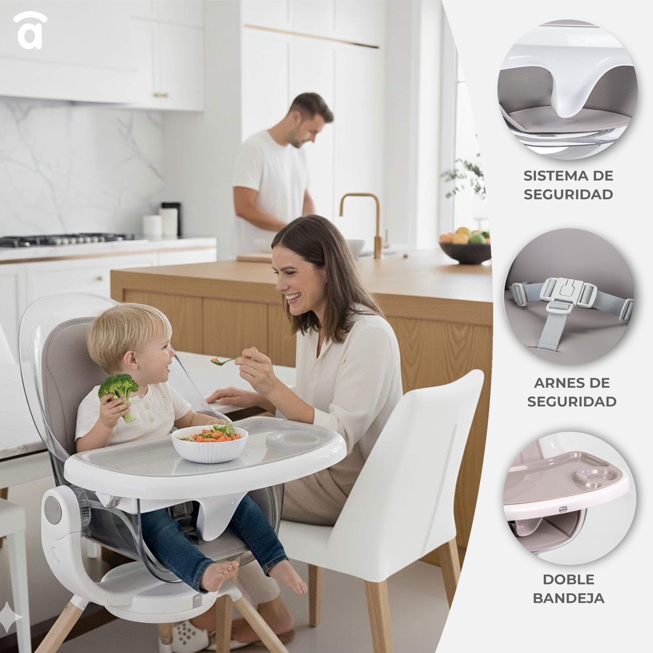 Asalvo Trona Evolutiva Bebe ADRIÀ Hasta 36 Meses. Trona Bebe con Asiento Elevador. Trona Evolutiva con asiento ergonómico. Silla Bebe Comedor Asiento Giratorio 360º. Trona Bandeja Extraíble. Beige