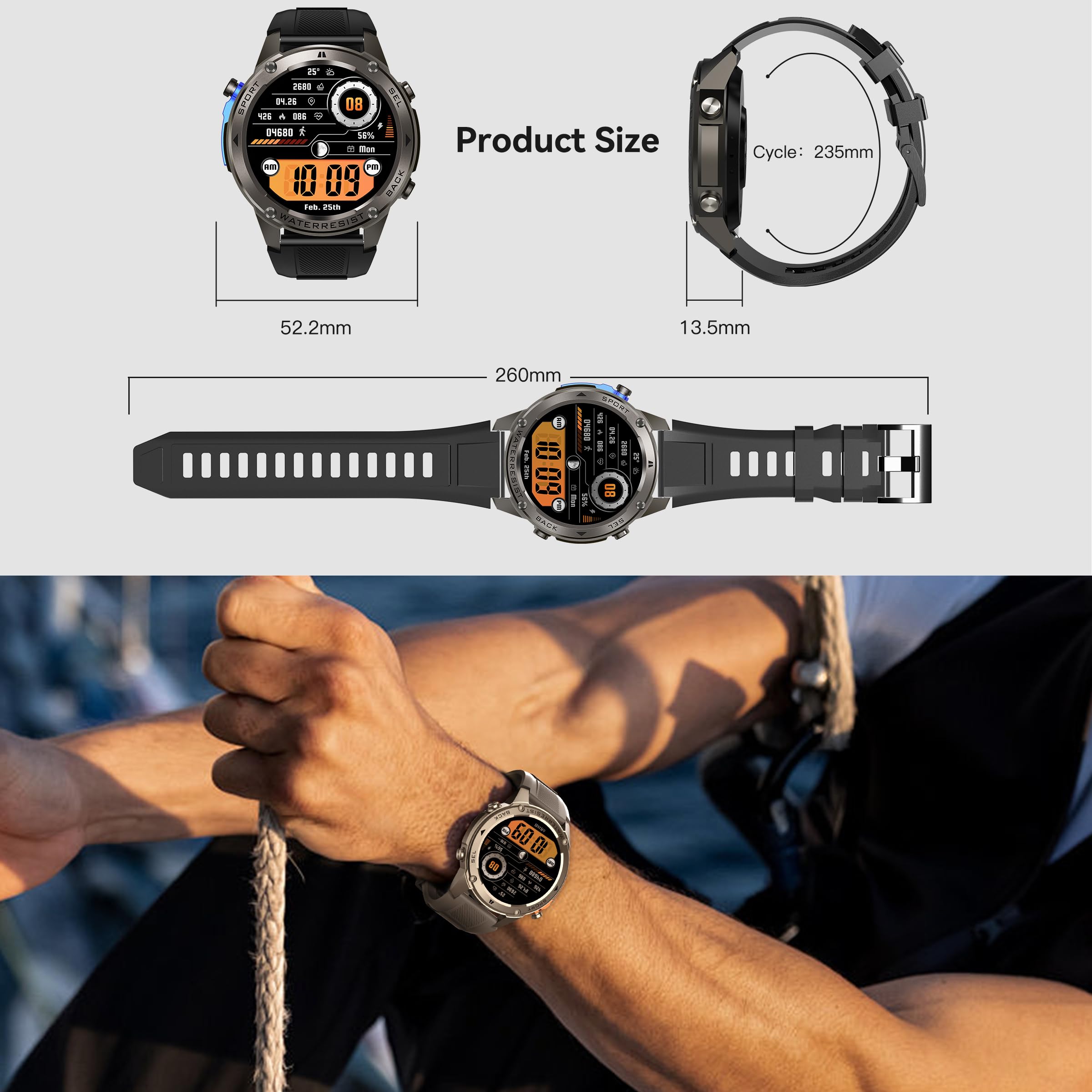 Orologio intelligente con GPS, orologio da corsa, stile militare, con Bluetooth, cardiofrequenzimetro, contapassi, barometro, bussola, per telefoni Android e iOS