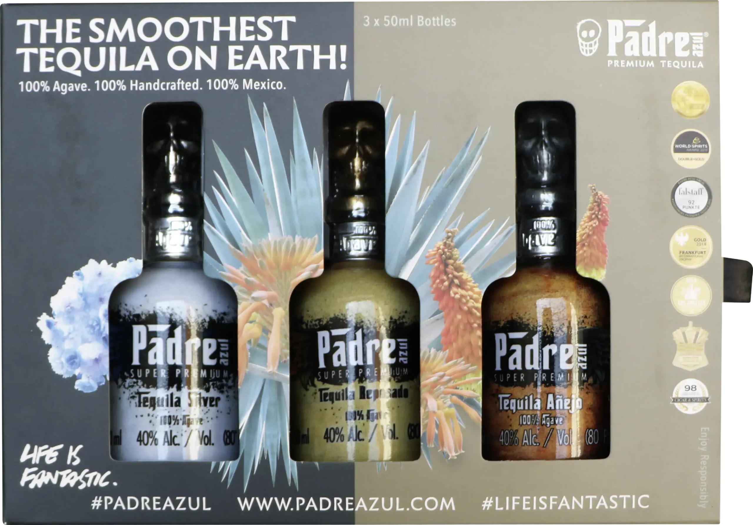 Padre azul Tequila Trio Tasting & Geschenkset • mexikanischer Super Premium Tequila Silver/Reposado/Anejo 40% vol. 3x50 ml (1 x 150 ml)