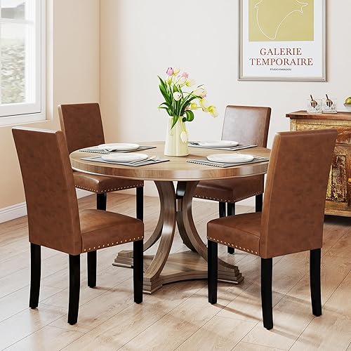 Miniatura 16 de Juego de 2 sillas de comedor de madera, sillas auxiliares de cocina tapizadas de tela moderna, silla de respaldo alto con clavos de cobre (beige)
