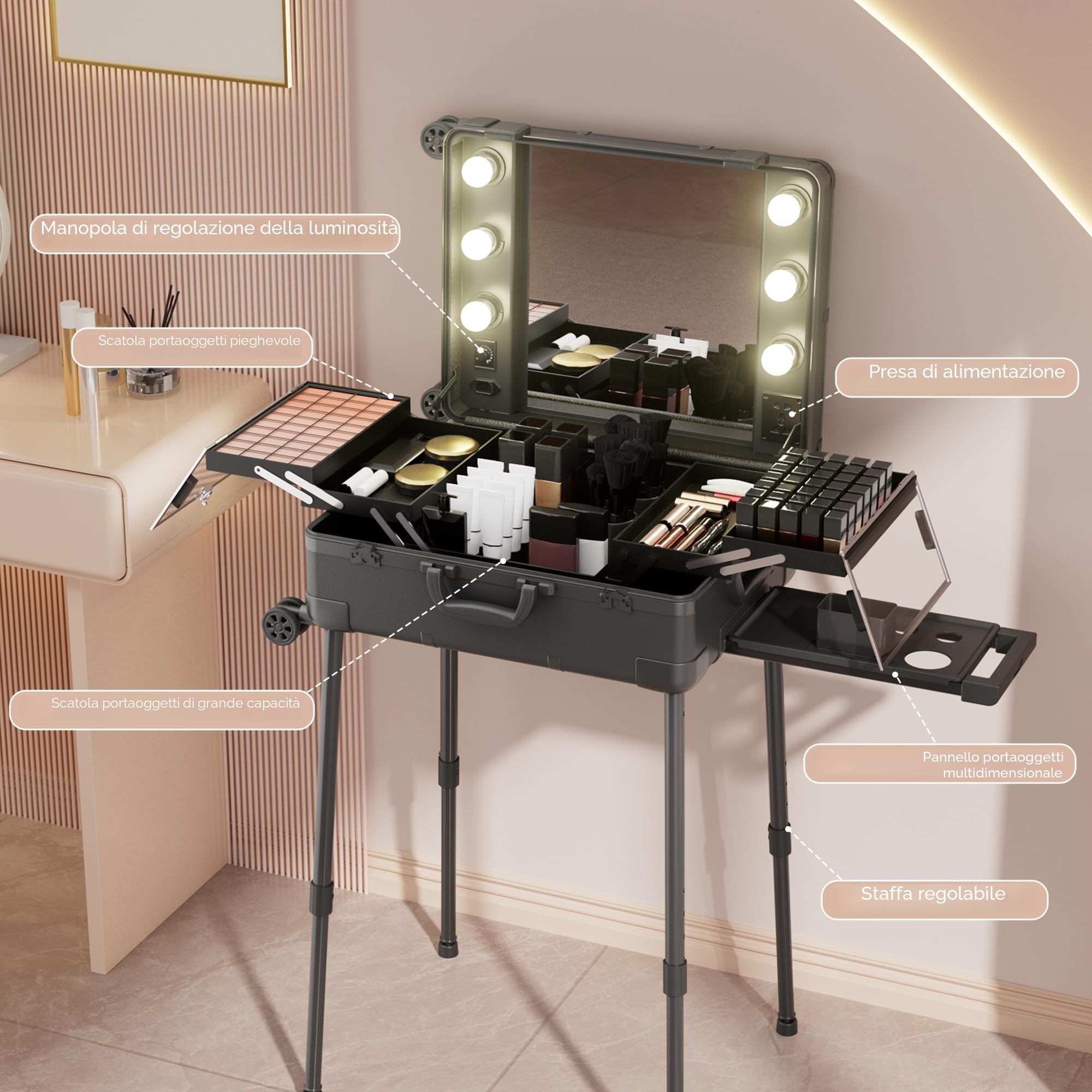 Valigia per il Trucco Su Ruote in Alluminio, Grande Specchio con 6 Lampade, Organizzazione Cosmetica con Chiusura a Codice, Valigia per il Trucco Pieghevole per Viaggi E Studi Professionali, Nera