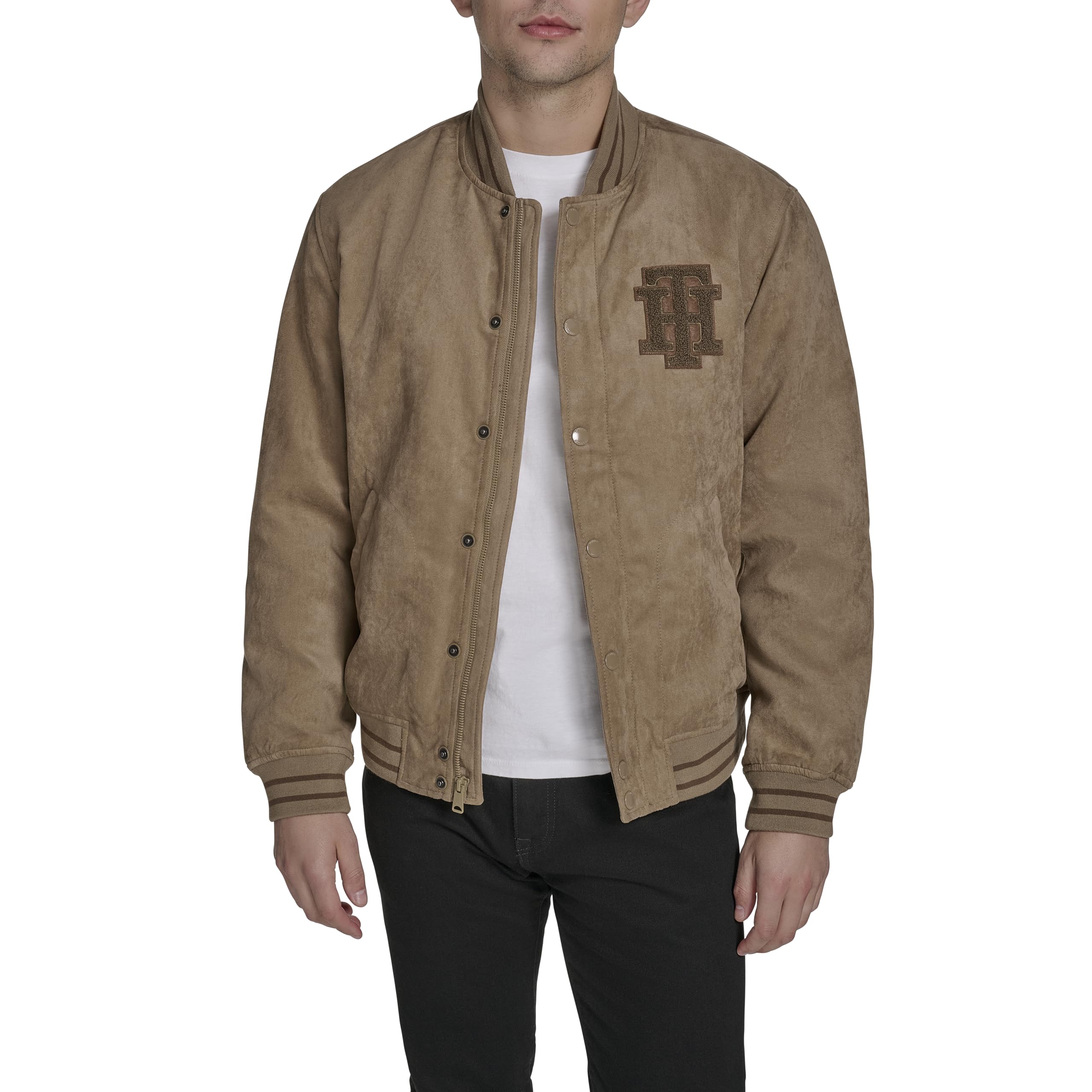 Tommy Hilfiger Men's Tan Faux Suede Logo Varsity Bomber Jacket, Xl