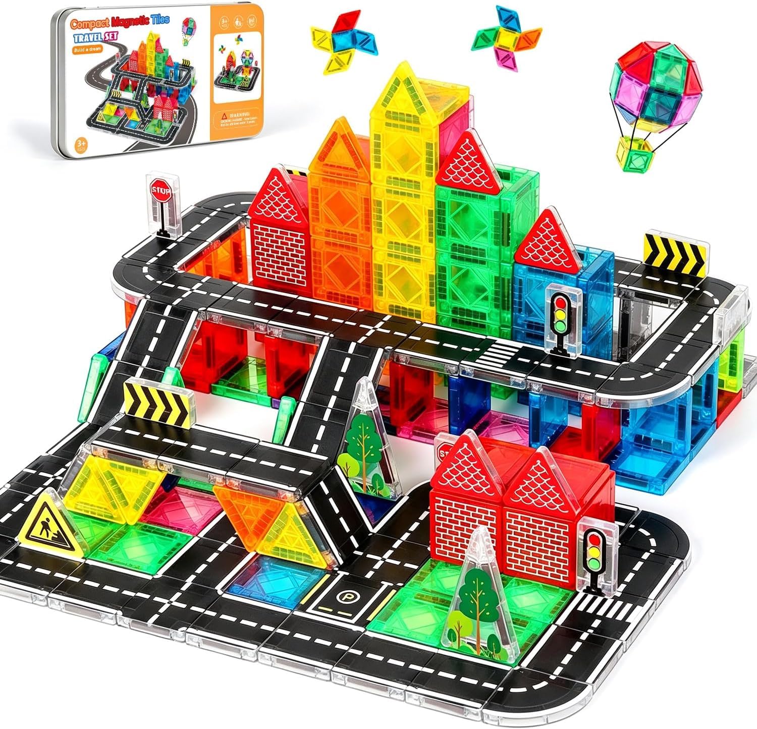 Mini Road Magnetic Tiles Set, Travel Magnet Tiles with Metal Case
