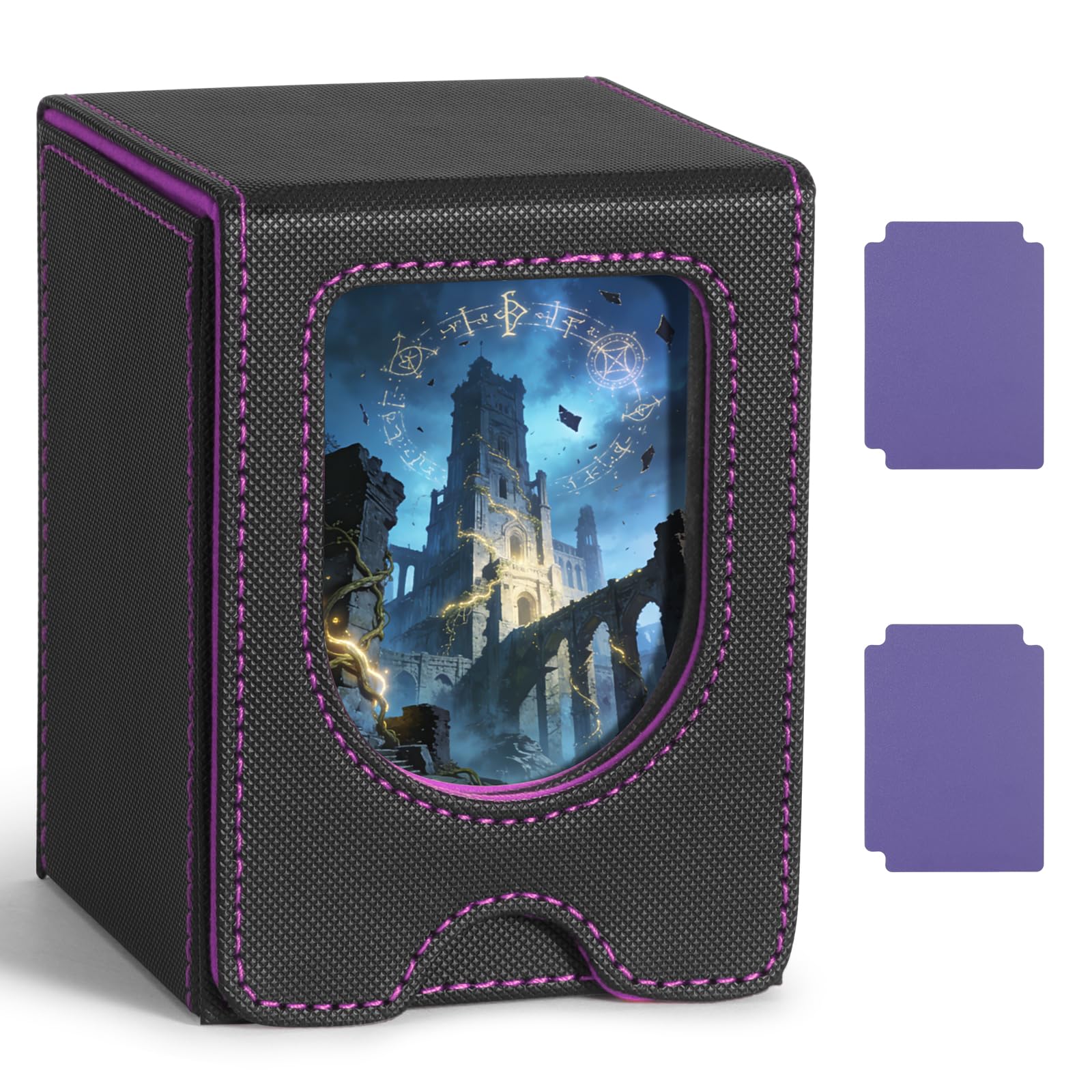 Euqvunn TCG Deck Box avec fenêtre d'affichage, peut contenir jusqu'à 130 cartes à pochettes simples, 2 séparateurs pour rangement facile, idéale pour l'exposition et le transport (Noir Violet
