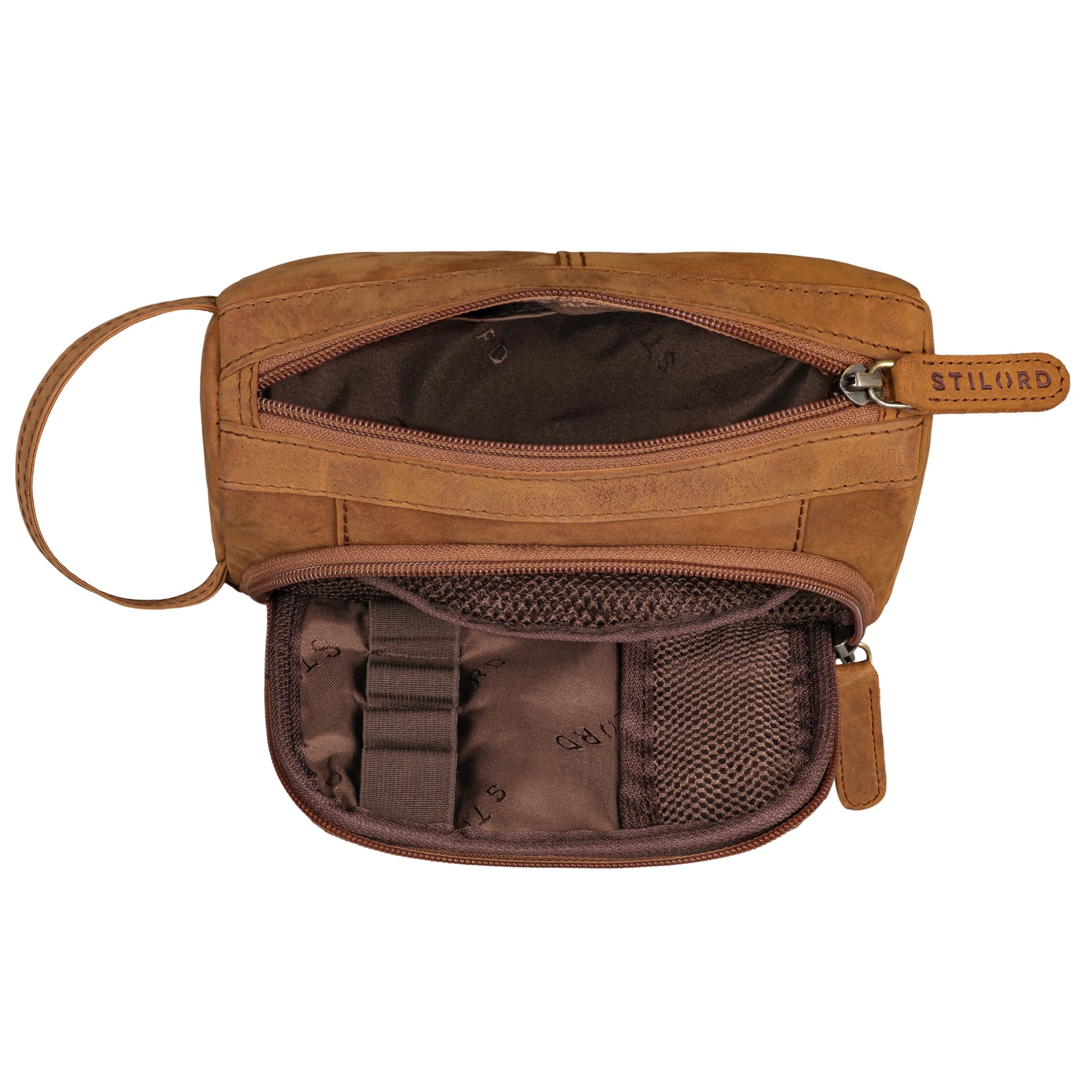 STILORD 'Tony' Vintage Large Pencil Case Pouch Bag Leather Pen Holder Big Pen Case with Zipper Aesthetic Pencil Holder Cosmetic Case Genuine Leather, Colour:tan - Dark Brown - Image 3