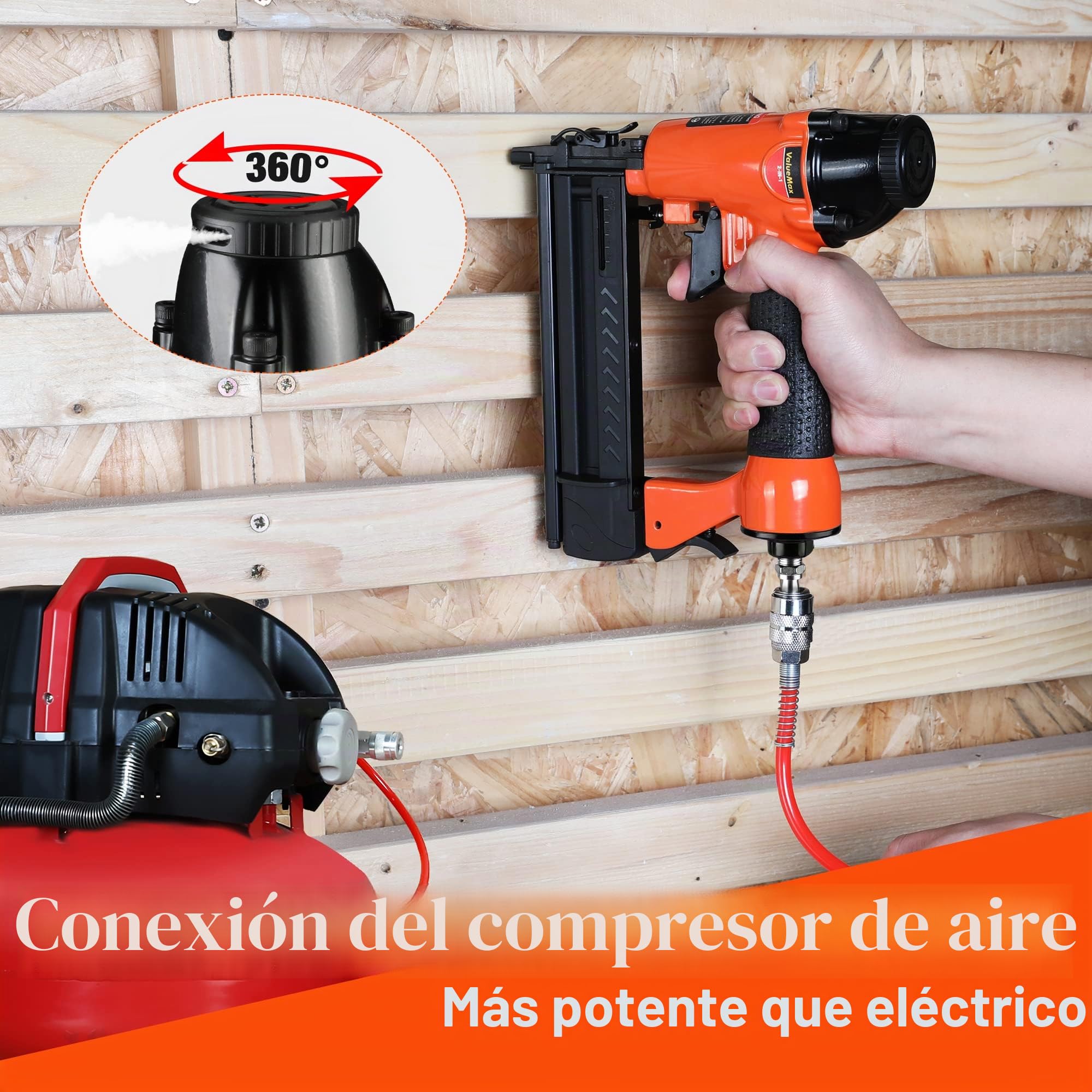 ValueMax Grapadora Neumática de Aire Comprimido 8.3 bar, Pistola de Clavos con Nariz de Seguridad, incluye 200 Grapas y 200 Clavos, Gafa, Aceite, Llave Hexagonal