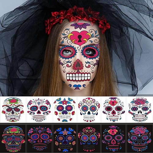 Tatuajes faciales temporales de Halloween (paquete de 6), maquillaje de Konsait Día de los Muertos, que brilla en la oscuridad, calavera de azúcar,