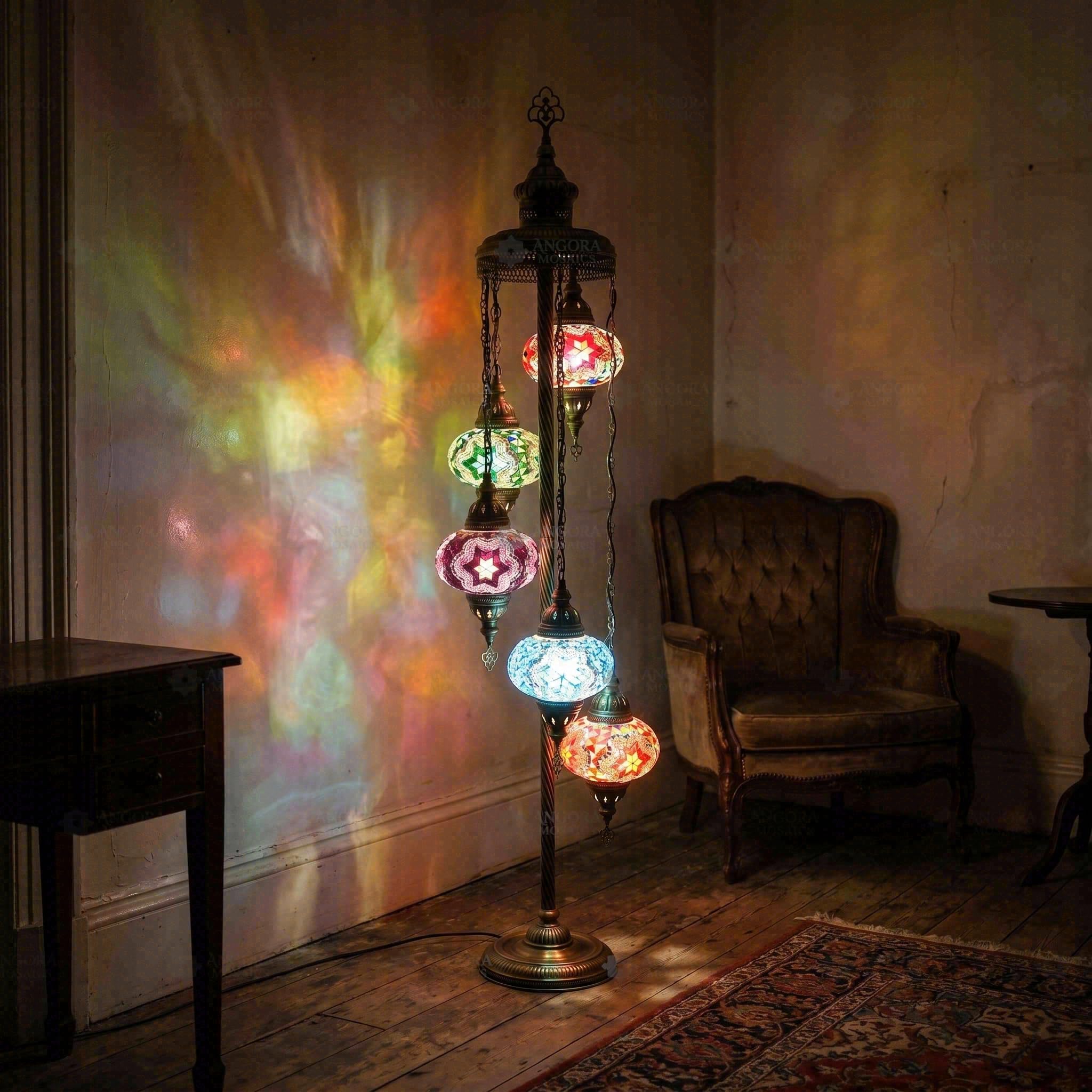 ENVA Multicolor Mosaic Floor Lamp - Turkish Mosaic Lamp - 5 Globe Standing Light - Moroccan Boho Decor