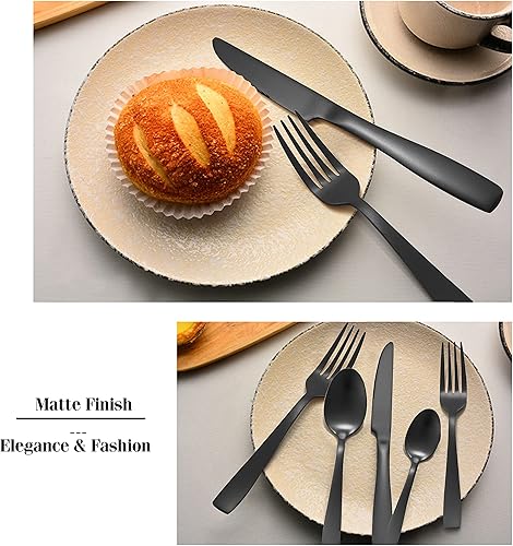 Miniatura 4 de HaWare - Juego de cubiertos negros de acero inoxidable para 8, juego de cubiertos de 40 piezas con mango cuadrado suave y cuadrado, incluye cuchara