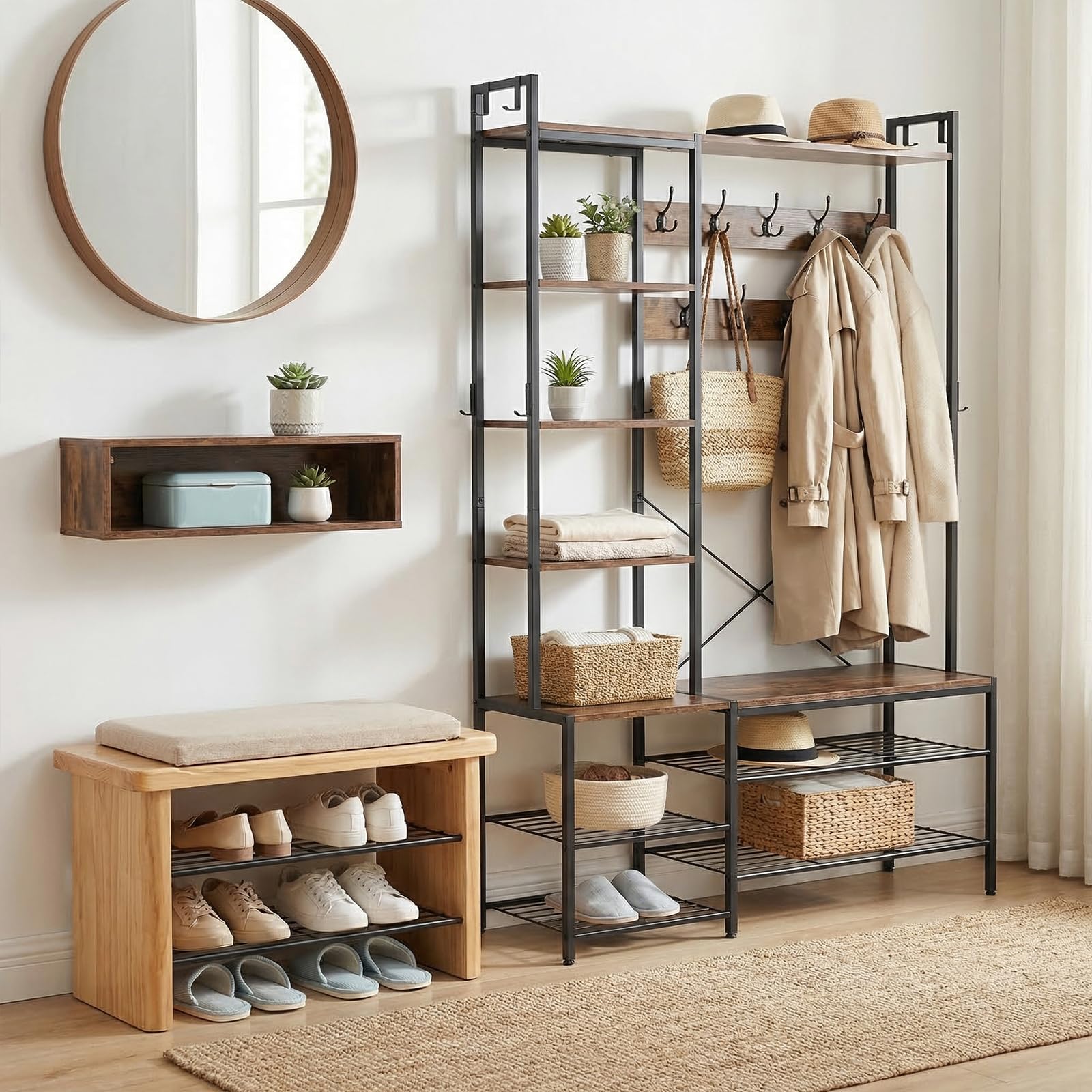EGGREE Perchero Recibidor con Banco Zapatero,Mueble de Entrada 6 en 1 con Zapatero,5 Estantes de Almacenaje,9 Ganchos Triples,8 Ganchos Laterales,120 x 40 x 190 cm,Marrón Vintage y Negro
