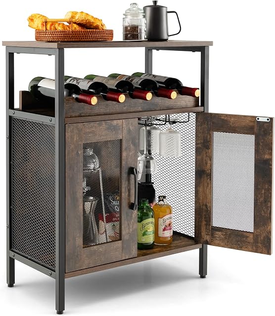 TANGZON Wine Bar Cabinet, Drinks Storage Sideboard with Glass Holder and Removable Bottle Shelf, Freestanding Organizer Cupboard Unit for Home Kitchen