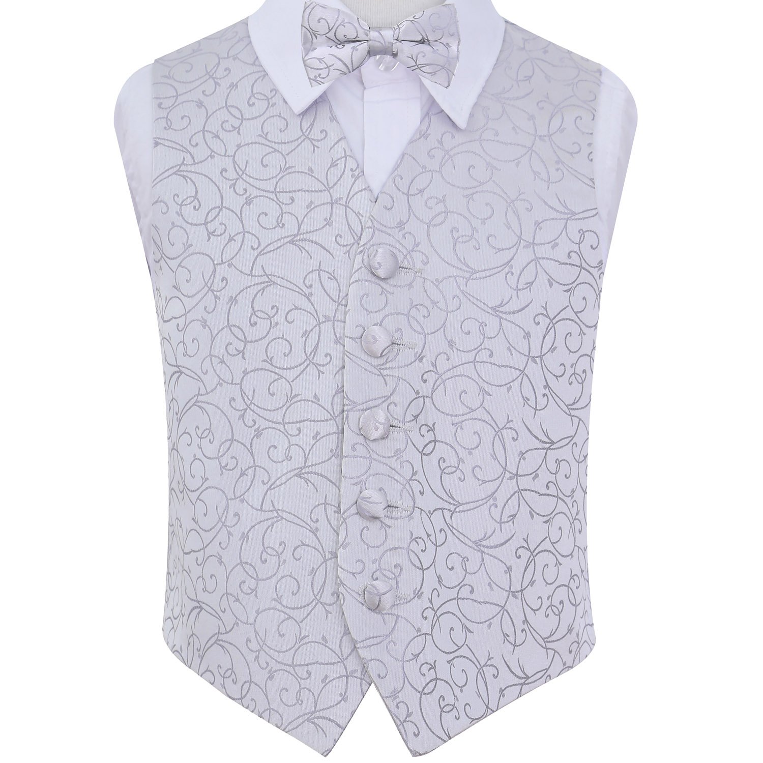 DQT Boys Swirl Jacquard Waistcoat & Pre-Tied Bow Tie Set (2pc) - Wedding Pageboy Formal Vest - Silver 13-14 Years 34"