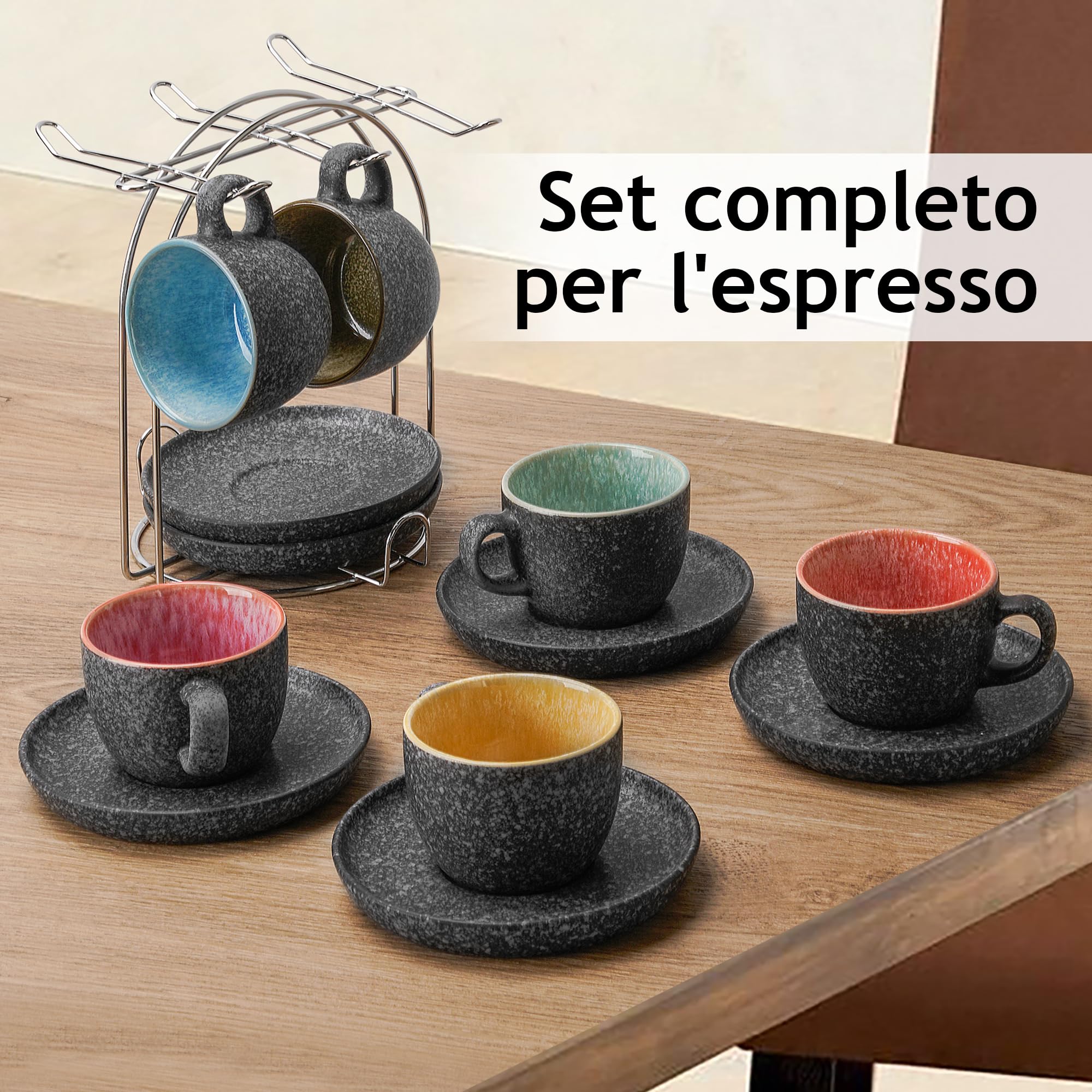 MIAMIO - Tazze da espresso impilabili in ceramica da 80 ml con piattini e supporto in metallo, set di 6 tazze da espresso, tazze demitasse, tazze da caffè per espresso - Collezione Las Palmitas