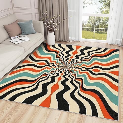 Miniatura 12 de Alfombra retro de 5 x 7, 2 x 3, alfombra circular retro, alfombra geométrica colorida de los años 70, alfombras multicolor de arte pop, alfombra