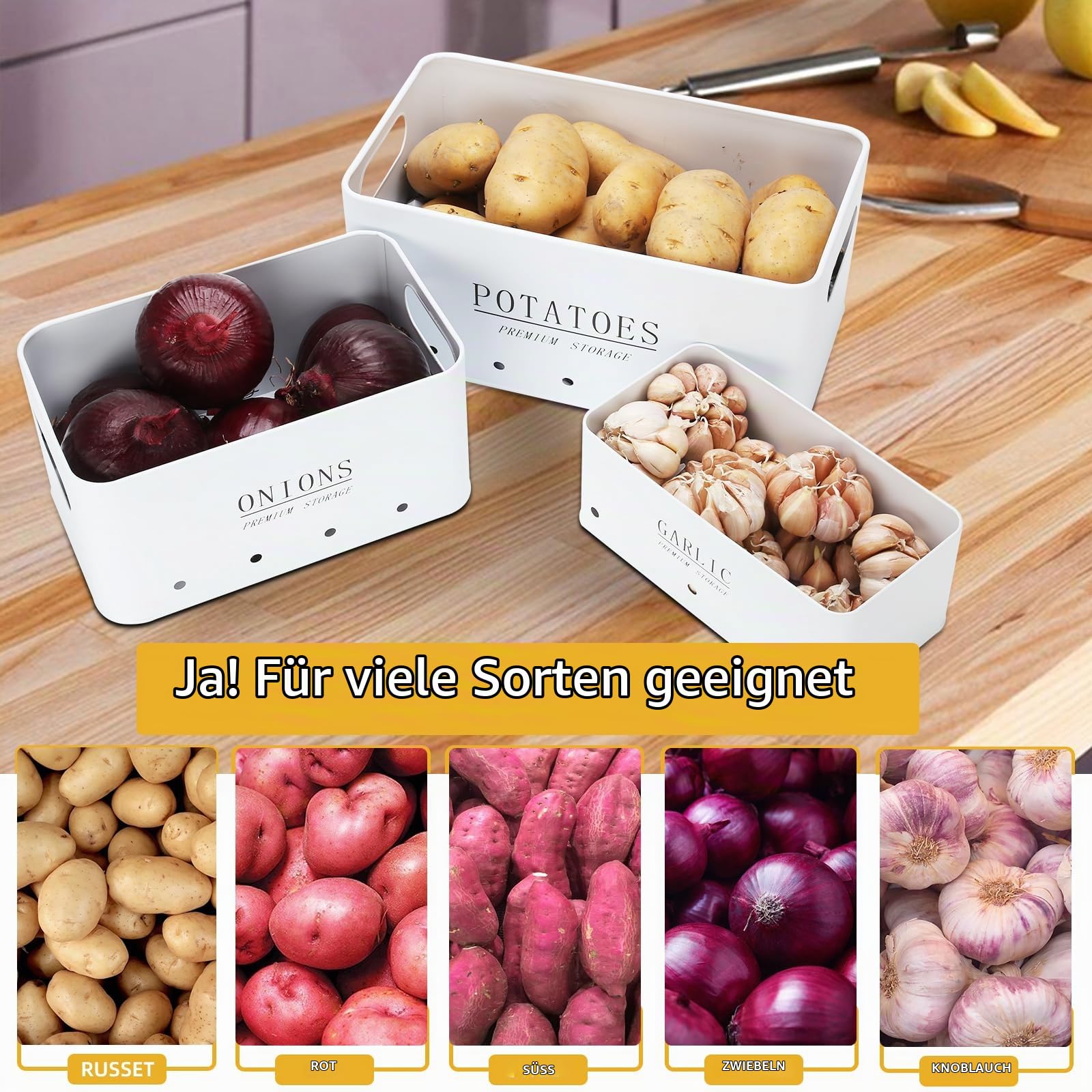 Kartoffel Aufbewahrungsbox - Vorratsdose 3er Set - Kartoffeln, Zwiebeln und Knoblauch Aufbewahrung - Hält Gemüse Länger Frisch