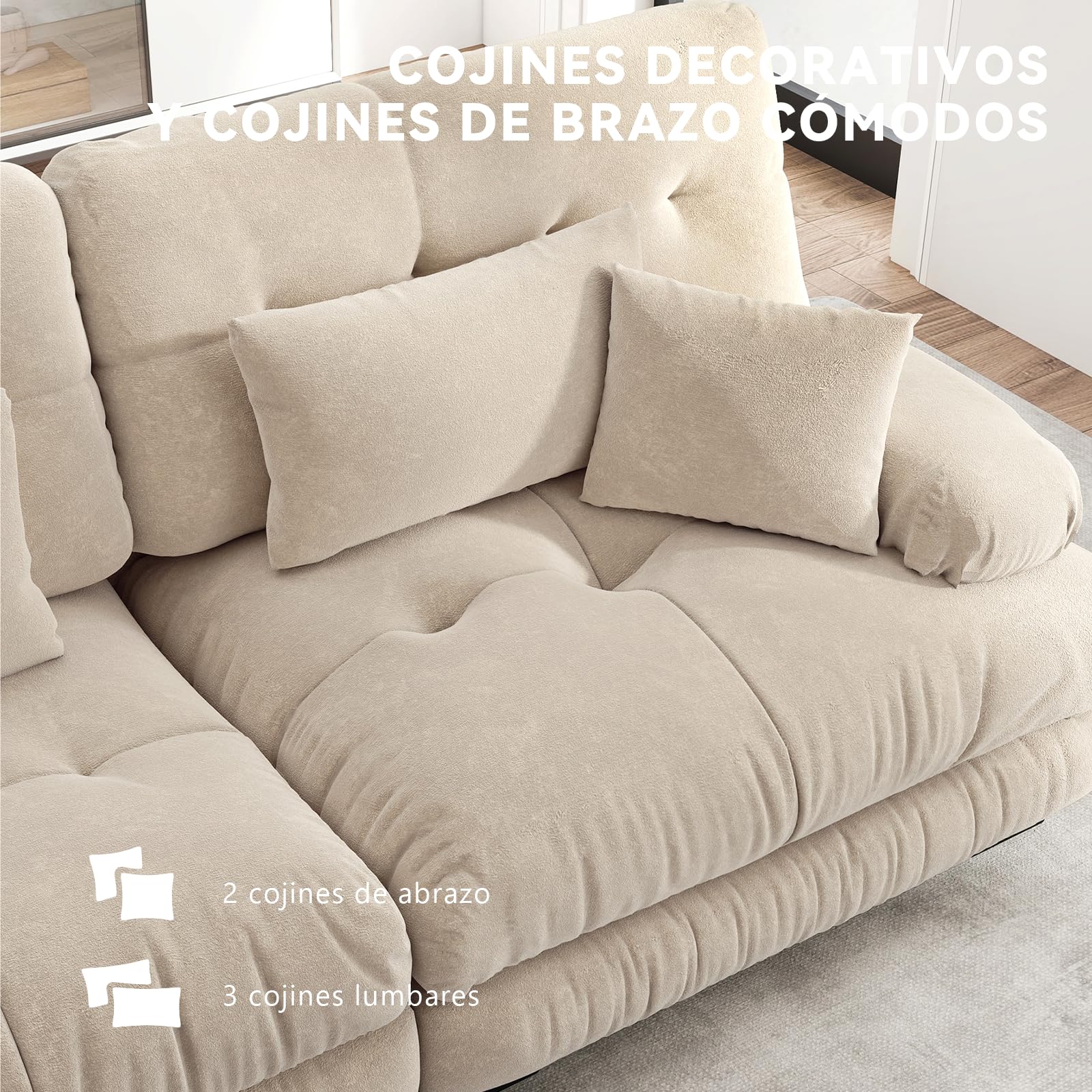 Sofá Modular 3 Plazas 313 cm con 2 Reposapiés, Modular en Forma de U, Tela Chenille, Estructura de Madera, Color Café Claro