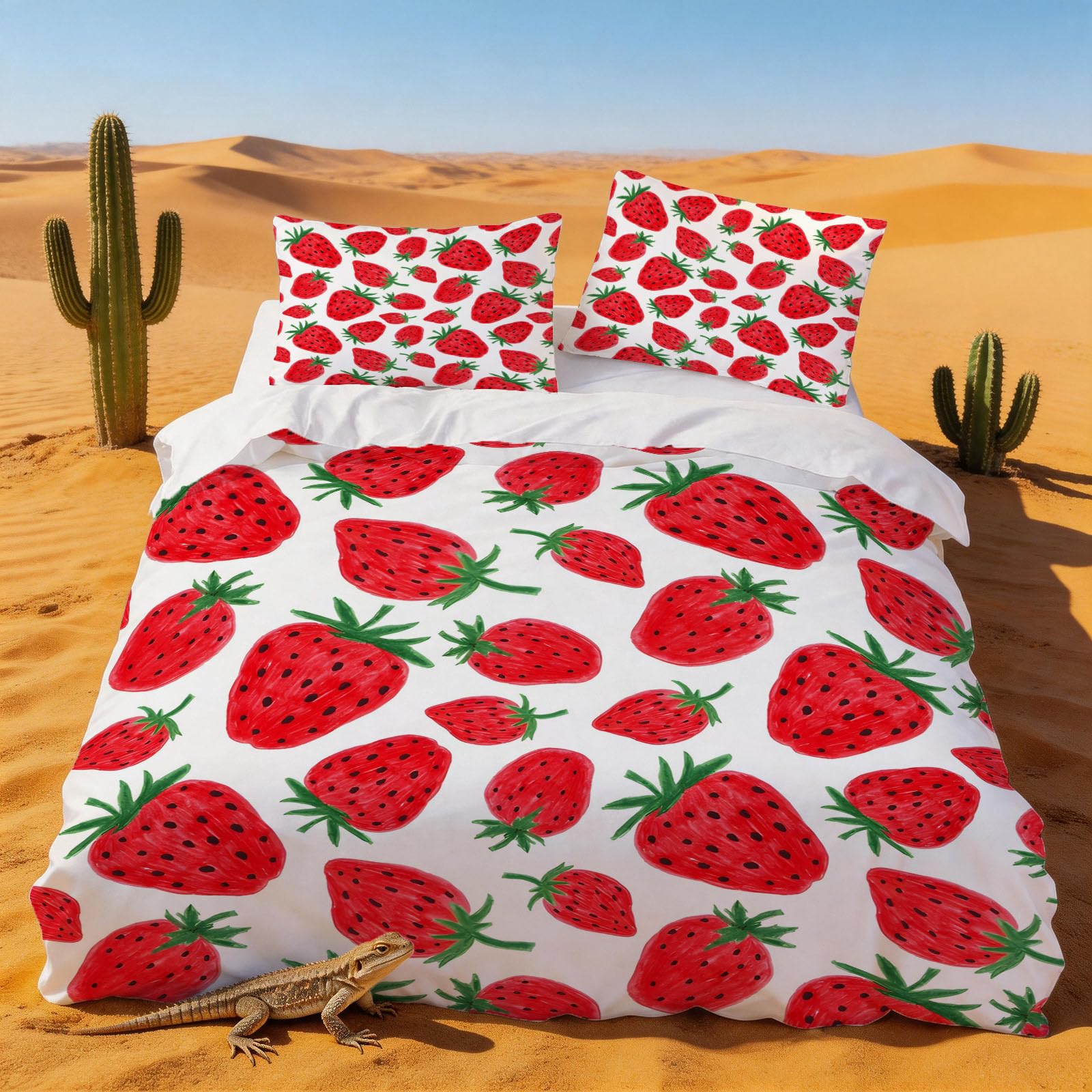 Housse de couette 240 x 260 fraise kawaii en microfibre ultra douce avec taies