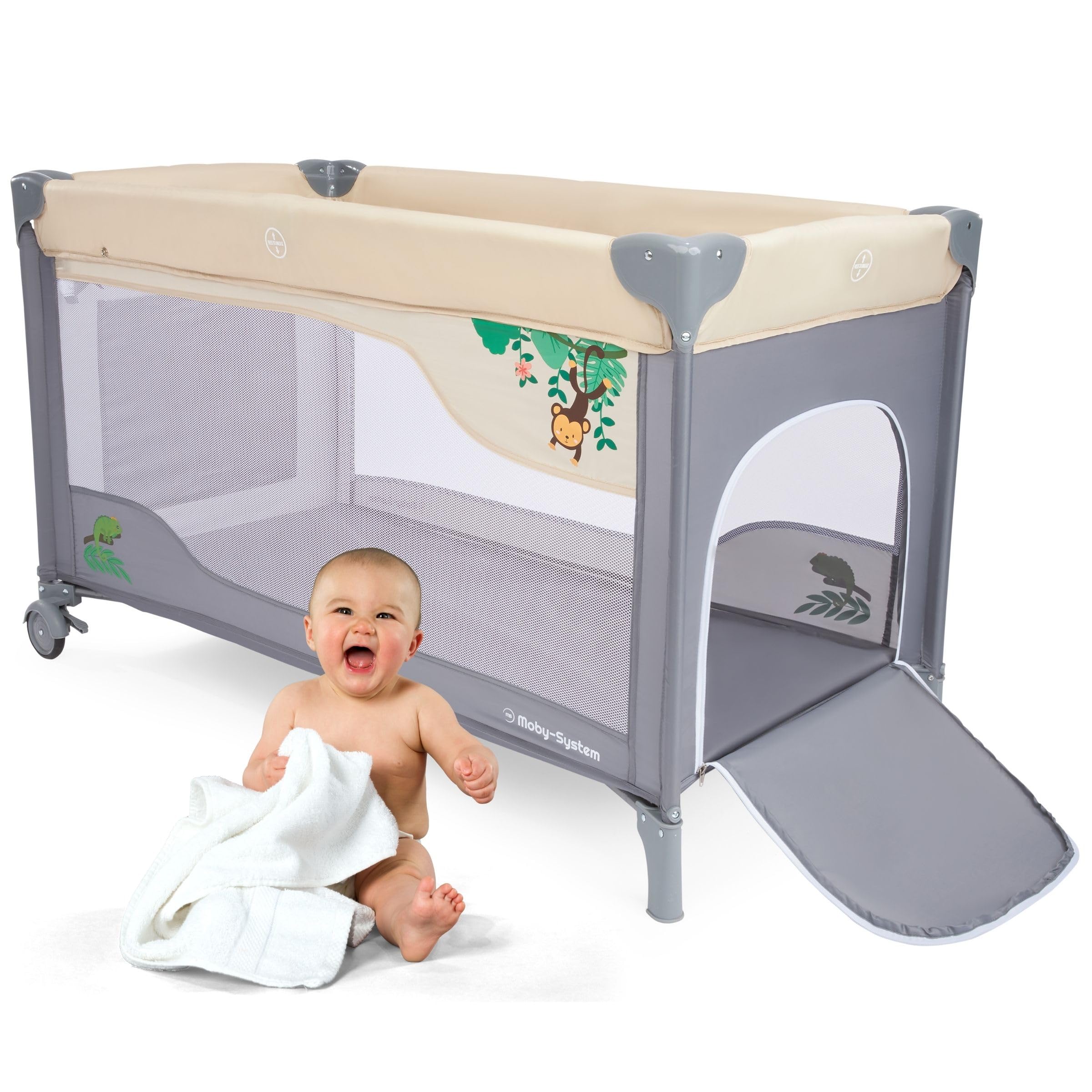 Moby-System 2-in-1 reisbed & box spel voor Baby Basic Plus, 2 matrassen (boven 0-6 maanden, beneden 6-36 maanden), opvouwbaar, transporttas, grijs Moby-System 2-in-1 reisbed & box spel voor Baby Basic Plus, 2 matrassen (boven 0-6 maanden, beneden 6-36 maanden), opvouwbaar, transporttas, grijs