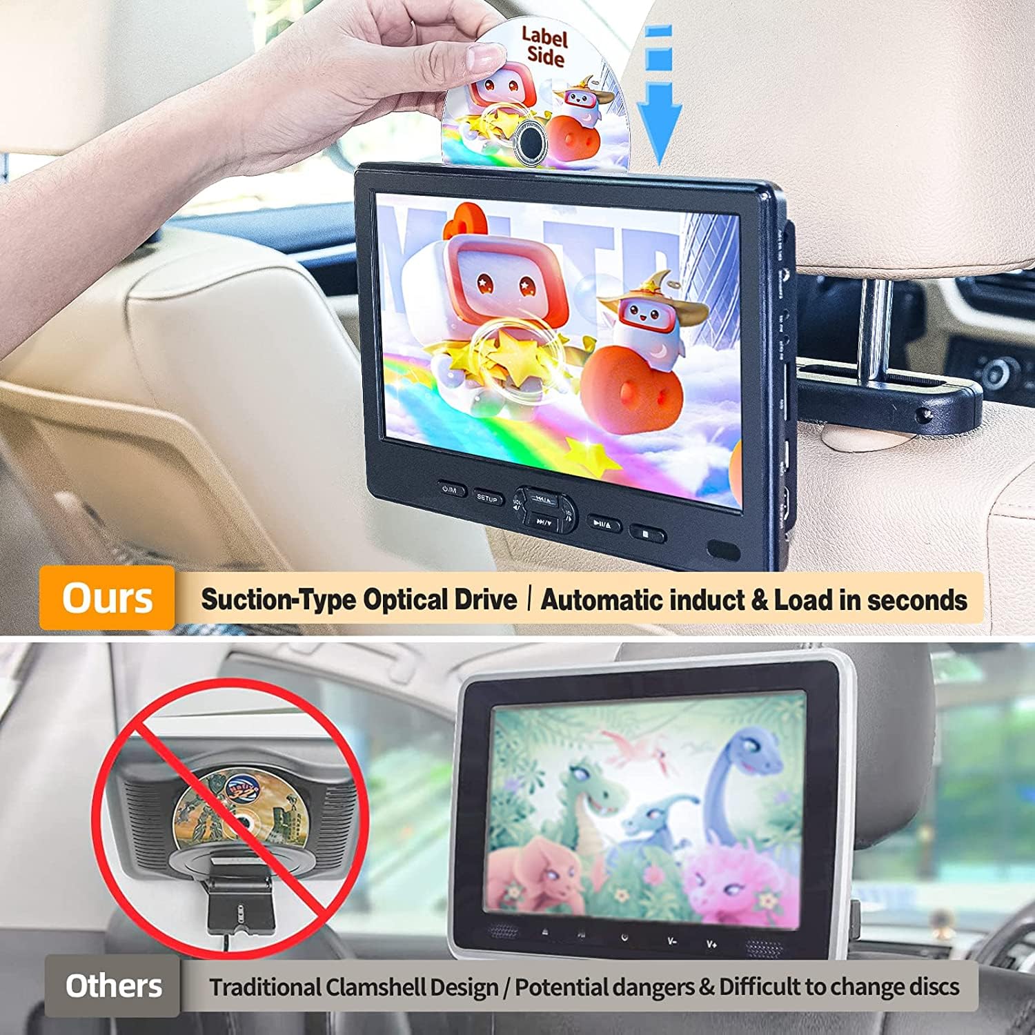 DESOBRY Lettore DVD da Poggiatesta per Auto 10,5 pollici 2 monitor poggiatesta 2 cuffie HDMI ingresso AV cavo, bambini TV supporta 1080P, supporto dello schermo auto USB/SD, ultima memoria