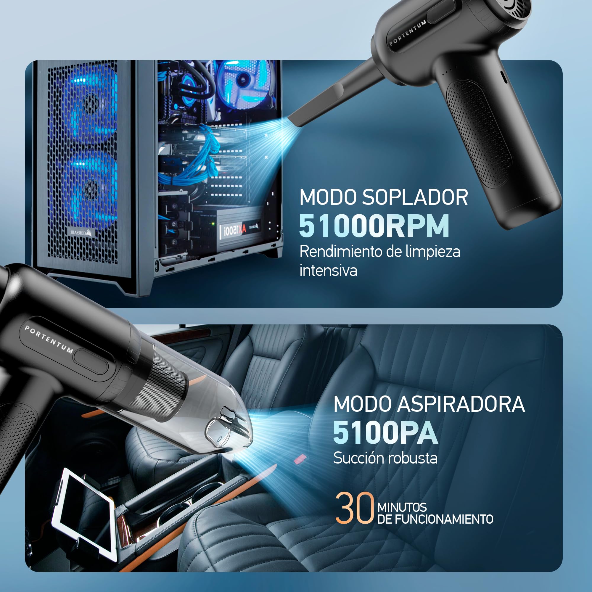 PORTENTUM 2 en 1 Aspirador de Mano Potente y soplador Aire comprimido, con batería, 3 velocidades y Bolsa de almacenaje. Aire comprimido Limpieza pc, sofá, Mascotas, Coche
