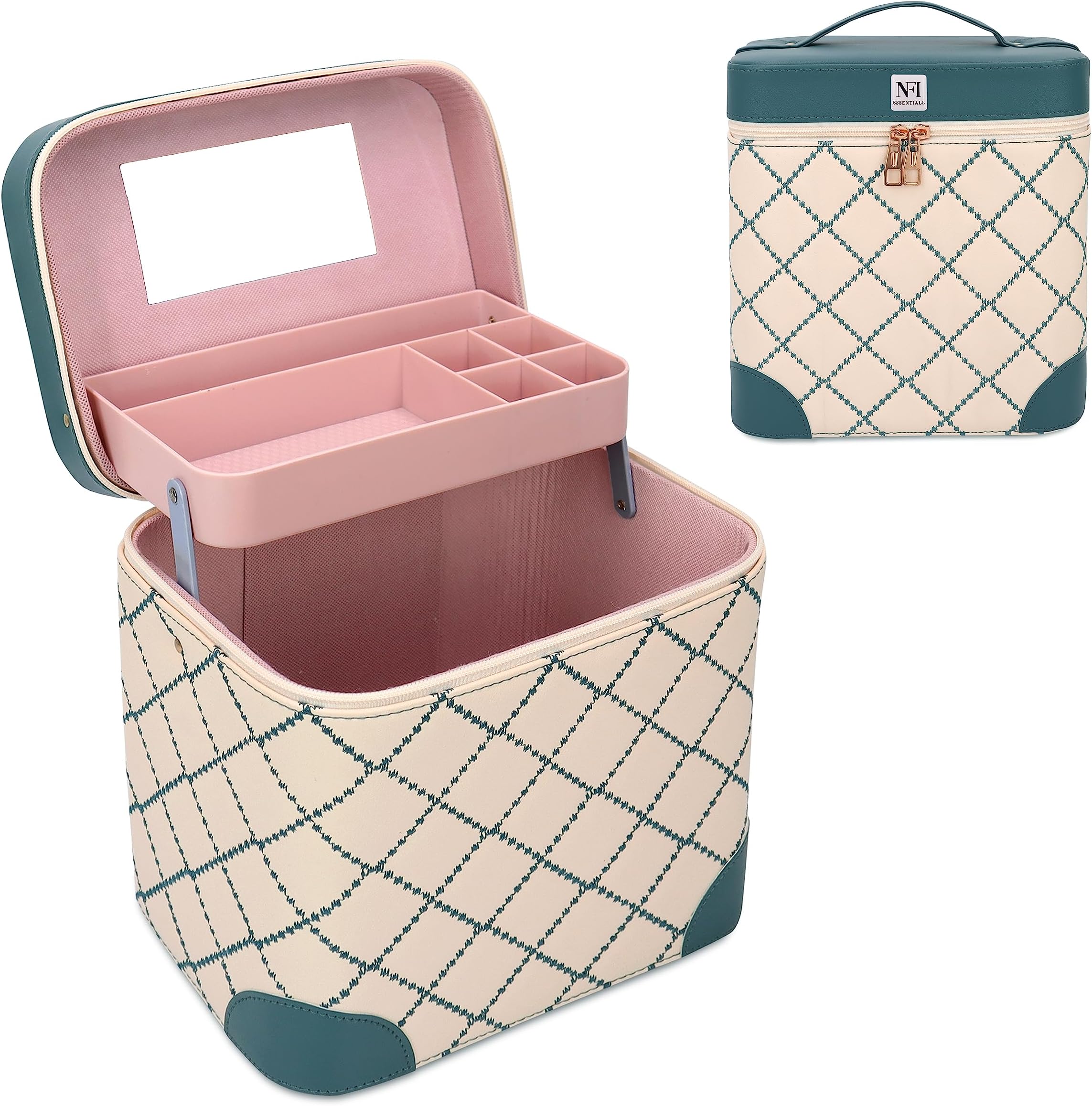 NFI essentials PU Leather Makeup Storage Box with Mirror 1 Layer Drawers Foldable Tray Cosmetic Bag Vanity Box for Women's Beauty Organizer Portable Make up Train Case Trousseau Box