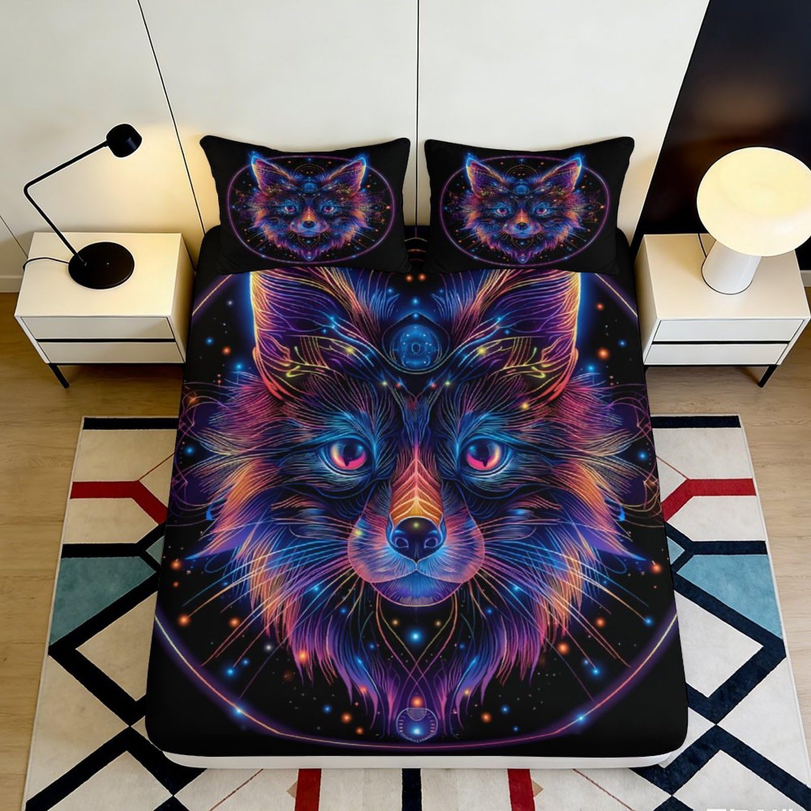 3D Printed Neon Wolf Galaxy Fitted Sheet Microfiber Soft Mattress Cover Bedroom Dorm Decorative Protector 160x200x25cm