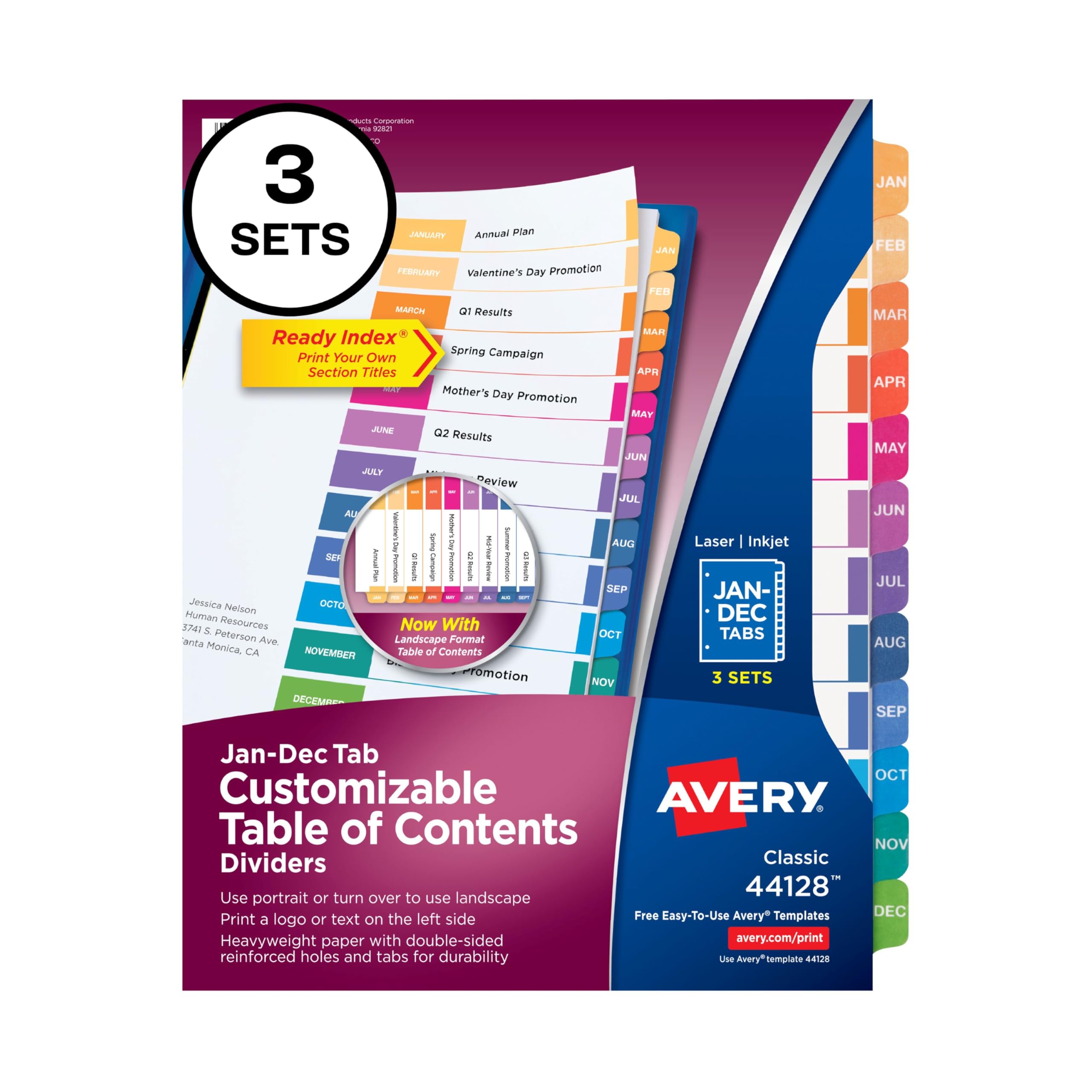 Photo 1 of Avery Jan-Dec 12 Tab Dividers for 3 Ring Binders, Customizable Table of Contents, Multicolor Tabs, 3 Sets (44128) Dividers 3 sets